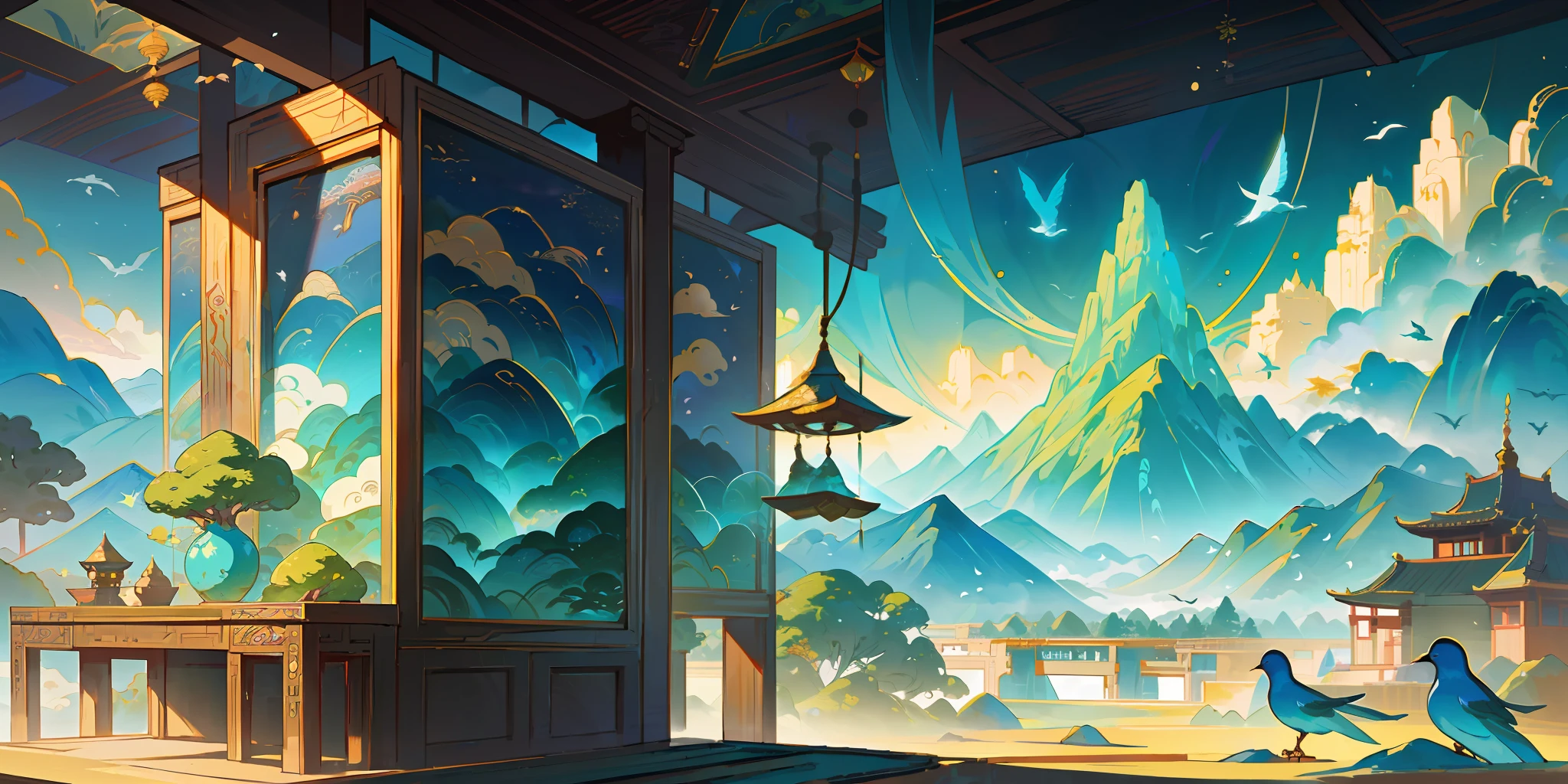 an image of an asian landscape with mountains and birds in the air, in the style of fantastical otherworldly visions, light cyan and gold, intricately mapped worlds, hyperrealistic illustrations, romanticized cityscapes, detailed character illustrations, organic shapes and curved lines, --v6