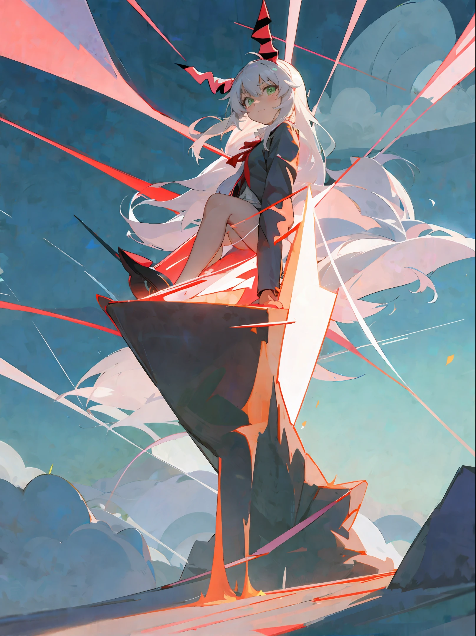 ((Nyaruko-san)), ((nyarlathotep)), haiyore! Nyaruko-san, silver hair, green eyes, dynamic pose, expressive, with a landscape of the sky, beautiful sky, masterpiece
