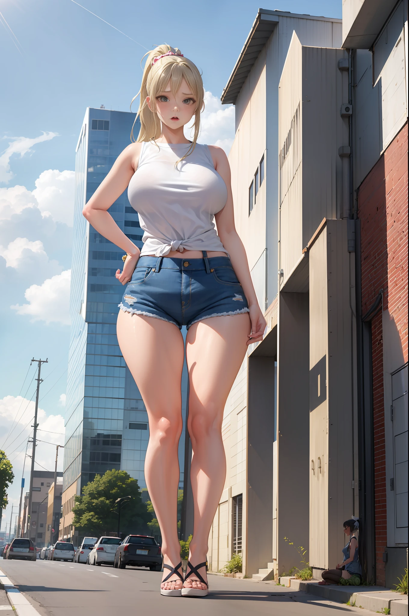 masterpiece, best quality,1girl, solo, Love Espada, long hair, ponytail, breasts, denim shorts, standing, outdoors, city, hands in pockets, very low angle, short man perspective, tall and giantess girl, 7 foot woman, 4 foot viewer, thicc, very close view, bending over, foot bigger than road, tiny people