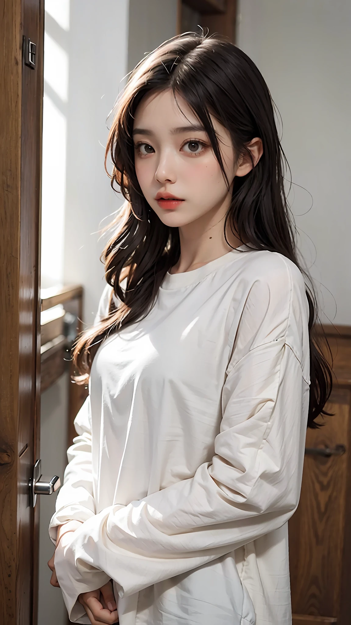 Beautiful woman, wearing boyfriend's long shirt, shy look