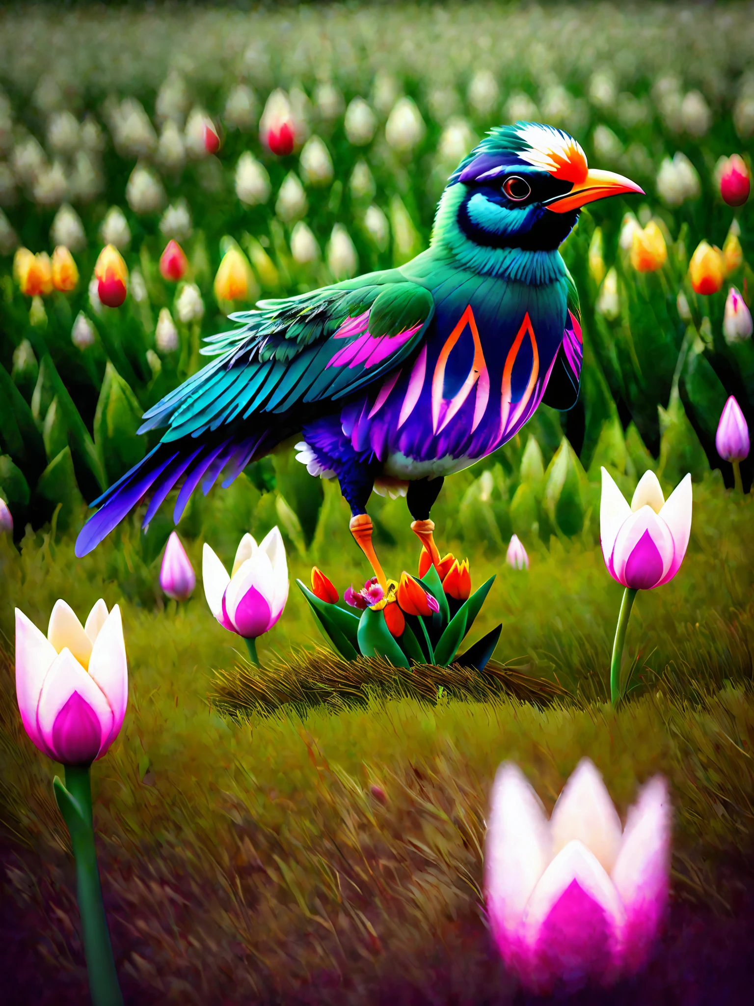 ((Evil birdTulips)), with razor-sharp eyes, sharp beak, and menacing claws, soaring through a grassy landscape in search of prey, with its wings glowing in the dark, as it prepares to strike.