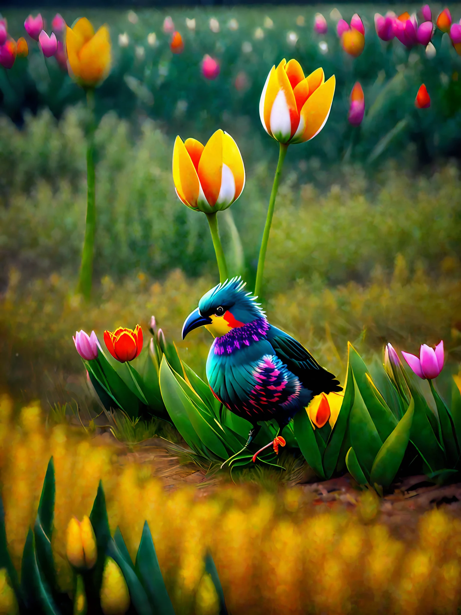 ((Evil birdTulips)), with razor-sharp eyes, sharp beak, and menacing claws, soaring through a grassy landscape in search of prey, with its wings glowing in the dark, as it prepares to strike.