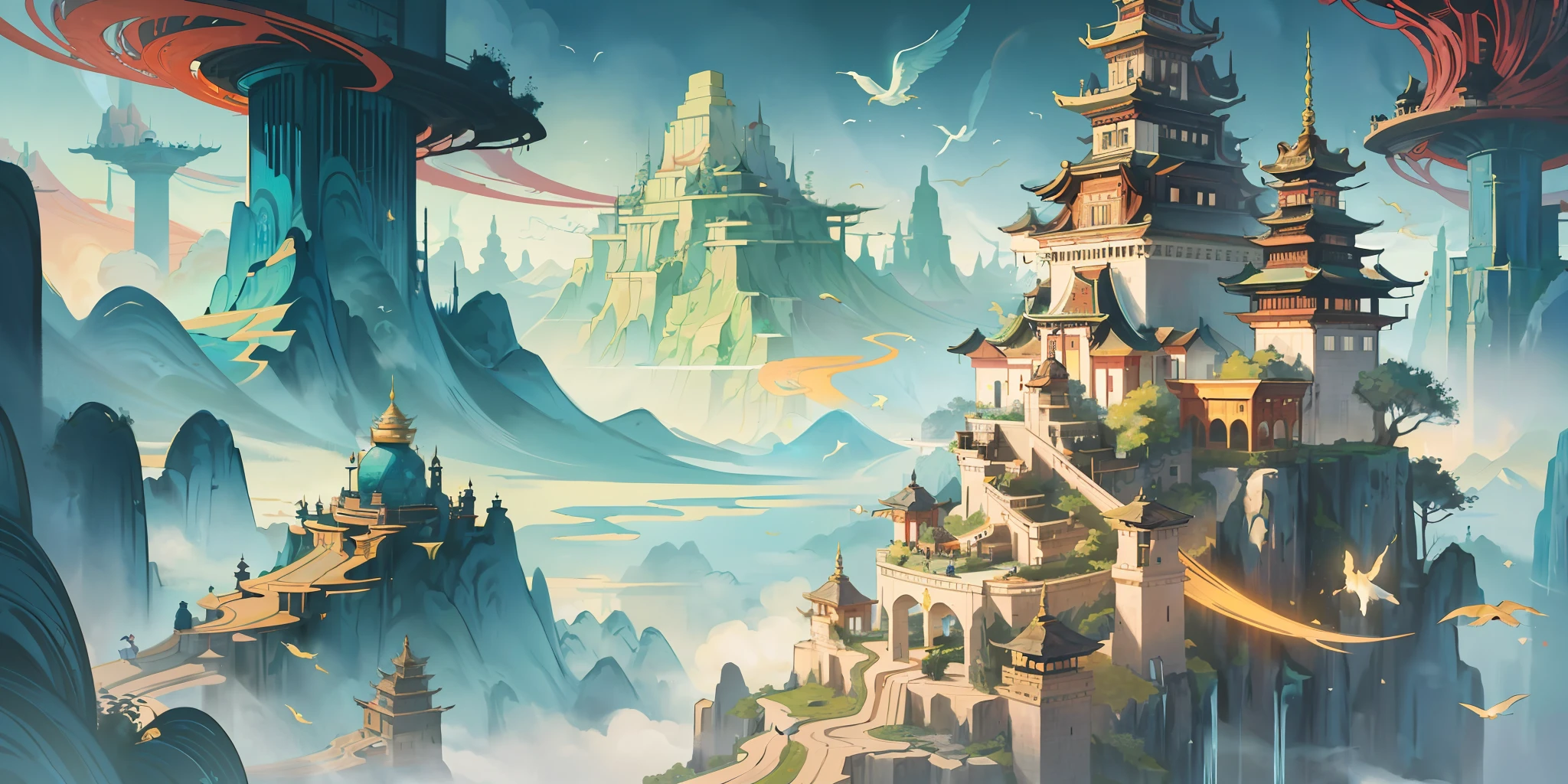 an image of an asian landscape with mountains and birds in the air, in the style of fantastical otherworldly visions, light cyan and gold, intricately mapped worlds, hyperrealistic illustrations, romanticized cityscapes, detailed character illustrations, organic shapes and curved lines, --v6