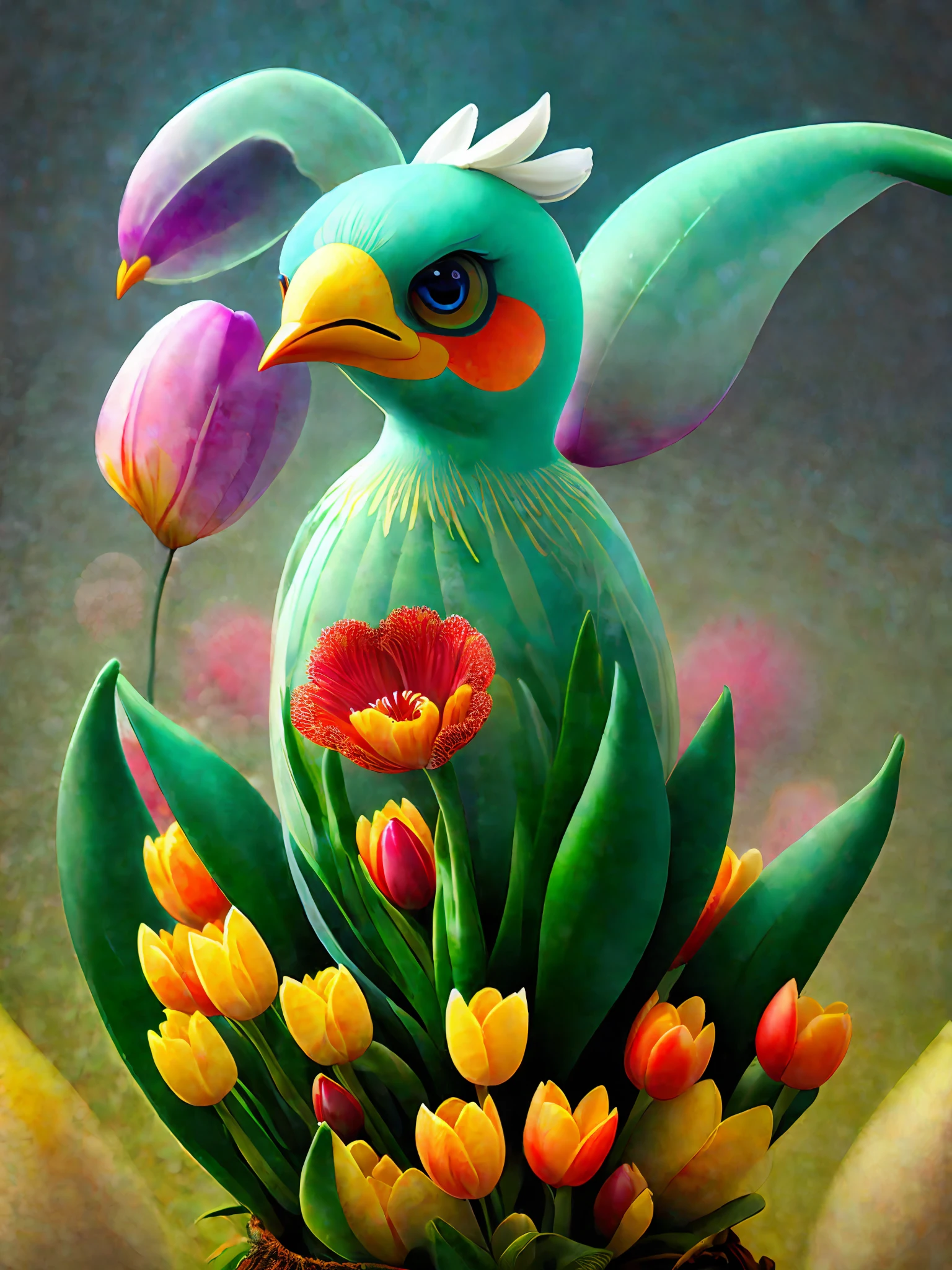 ((big birdTulips)), eyes, beak, claws, winggrassy, ​​strong, and prey , monster , glowing