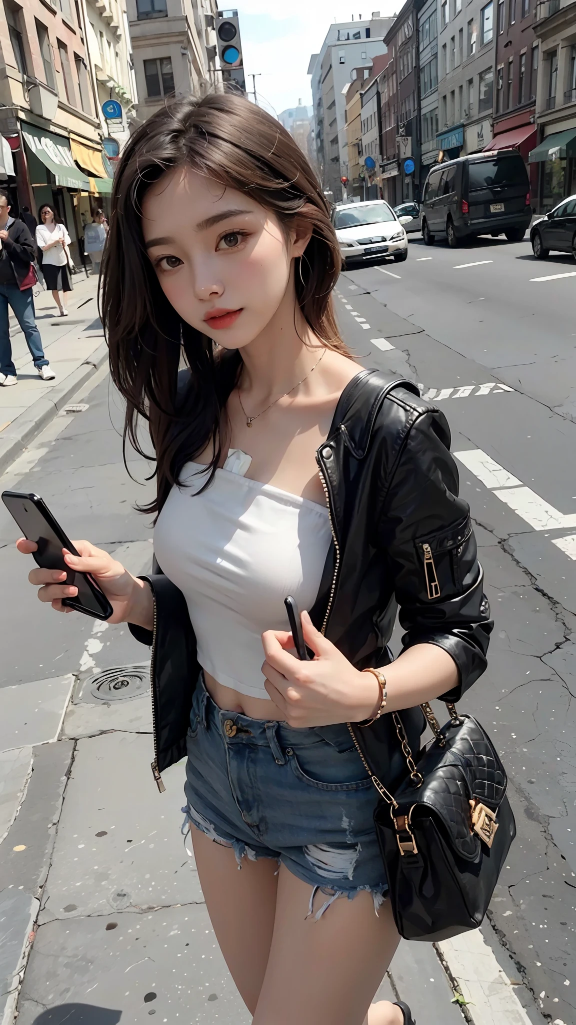 Beautiful woman, fiddling with cell phone in the middle of the street, short clothes