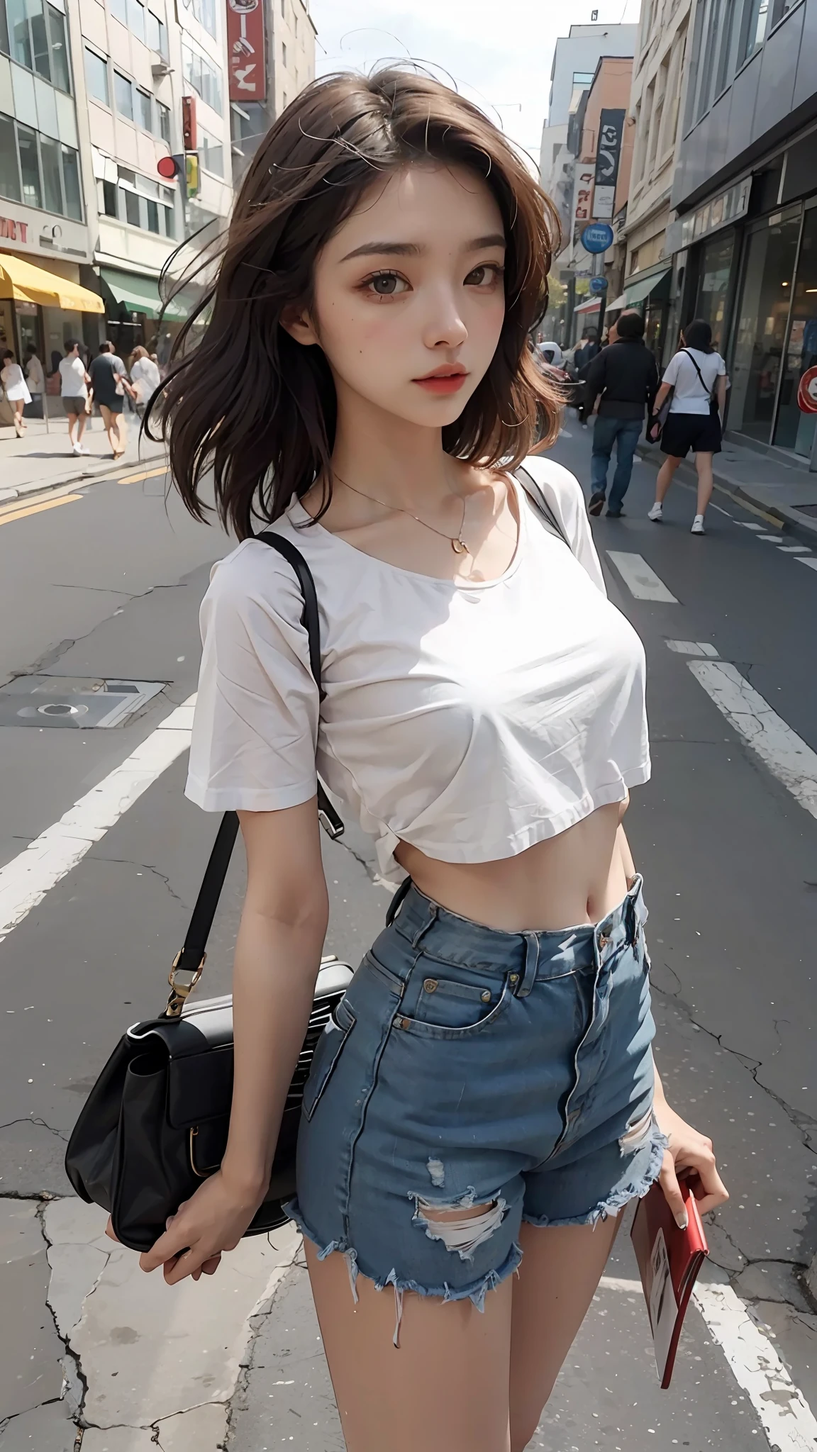 Beautiful woman, fiddling with cell phone in the middle of the street, short clothes