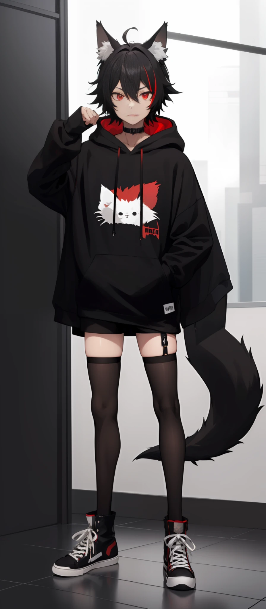 cat-boy, toned, sharp big wolf ears, wolf tail, big black messy hair, extremely vibrant red eyes, HD, masterpiece, vibrant, black converse shoes, slim dark black hoodie, full body view, neutral face, black thigh socks, combat boots.