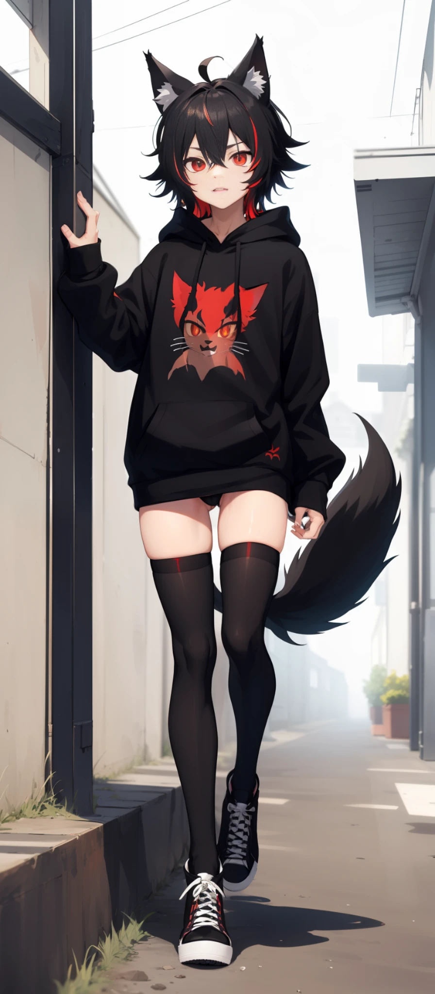 cat-boy, toned, sharp big wolf ears, wolf tail, big black messy hair, extremely vibrant red eyes, HD, masterpiece, vibrant, black converse shoes, slim dark black hoodie, full body view, neutral face, black thigh socks, combat boots.