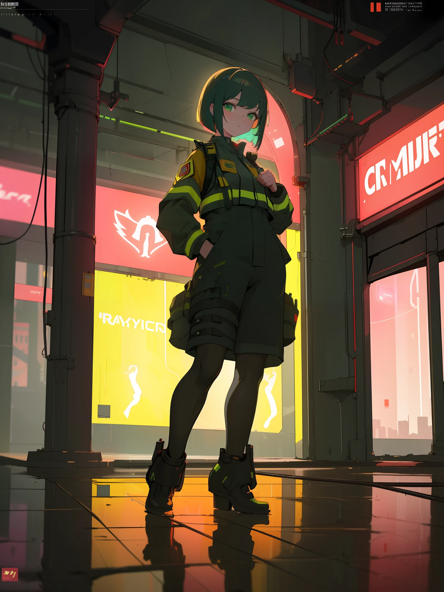 (masterpiece:1),(best quality:1),(absurdres:1), intricate, ray tracing, reflections, cinematic lightning, full body, green eyes, 1girl, pretty, cute, firefighter uniform, dynamic pose, bob haircut, city, cyberpunk, neon light, neons, elegant,