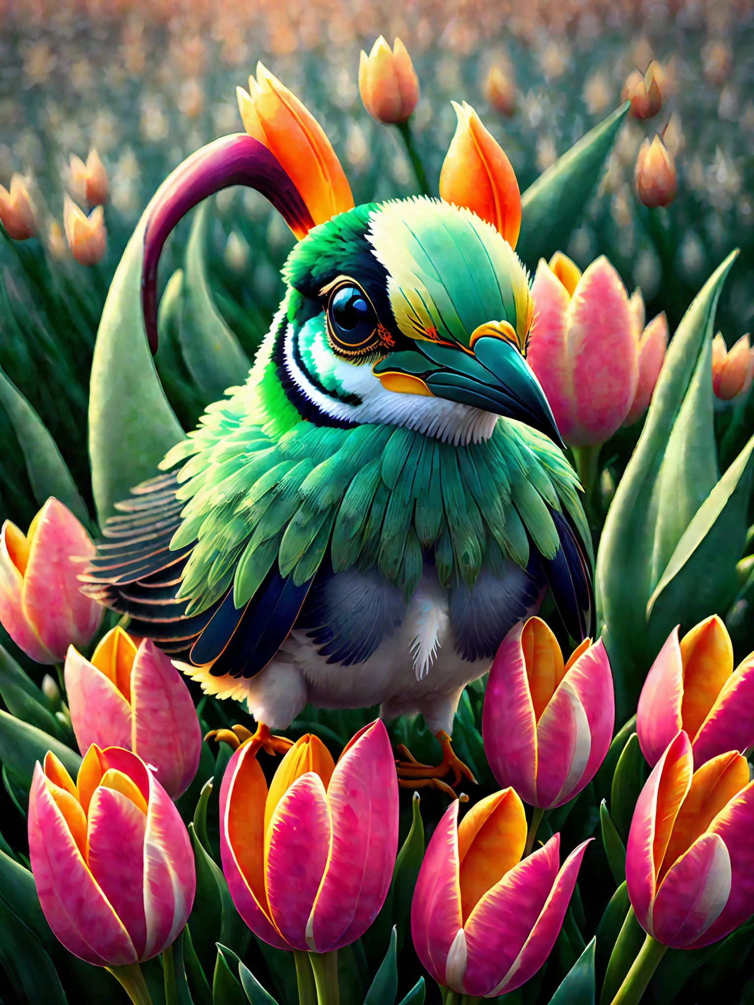 (( birdTulips )), stronger, eyes sharp, beak, claws, winggrassy, strong, and prey , glowing , light Sun