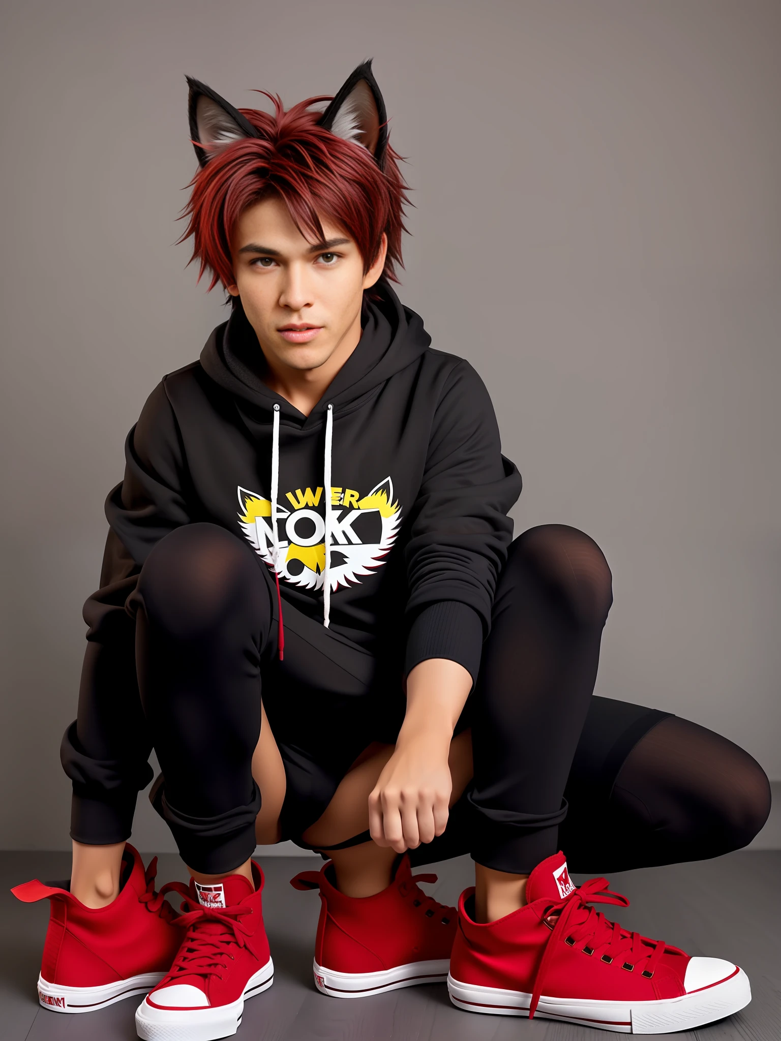 cat-boy, toned, sharp big wolf ears, wolf tail, big black messy hair, extremely vibrant red eyes, HD, masterpiece, vibrant, thong, slim dark black hoodie, full body view, neutral face, black thigh socks, combat boots.