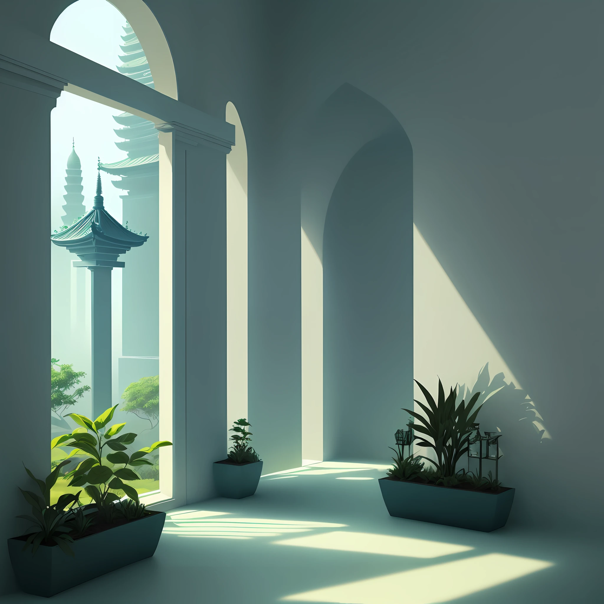 shukezouma, plants, temple, negative space, shuimobysim, (Minimalism:1) , blue and Green ink,