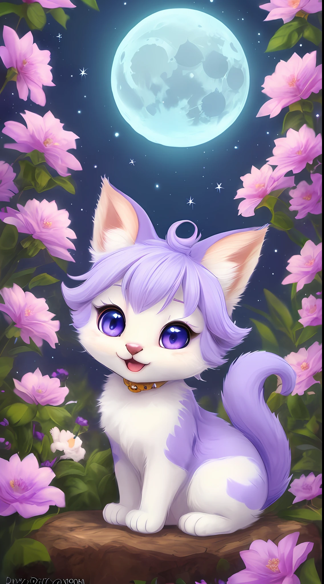 A kitten with a small tail, a small nose, small ears, blue eyes, purple background, flowers, vases, dreams, open mouth, smile, Caroline Chariot-Dayez pastels, tumblr, furry art, elokitty, Disney's Bambi, Disney's styled furry, ears floating, fluffy tail, fluffy '', fluffy !!!, high resolution, furry art!!! The moon, small in size