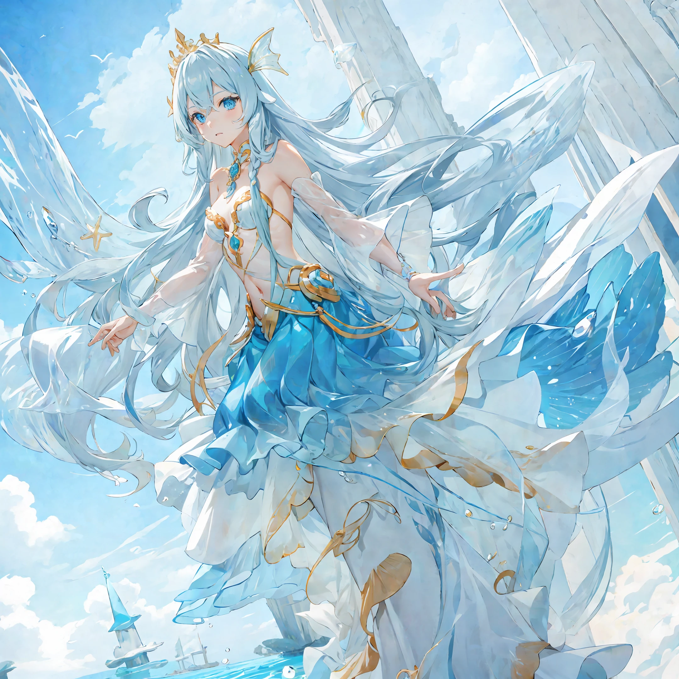Long blonde hair, mermaid girl, anime, beach, coral gemstone crown, translucent blue harp, transparent powder blue jellyfish, blue fishtail skirt, blue eyes