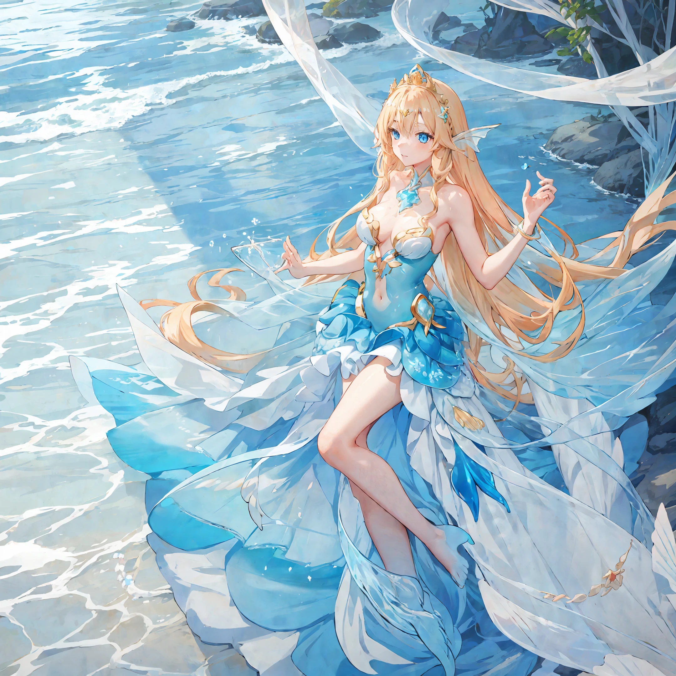 Long blonde hair, mermaid girl, anime, beach, coral gemstone crown, translucent blue harp, transparent powder blue jellyfish, blue fishtail skirt, blue eyes