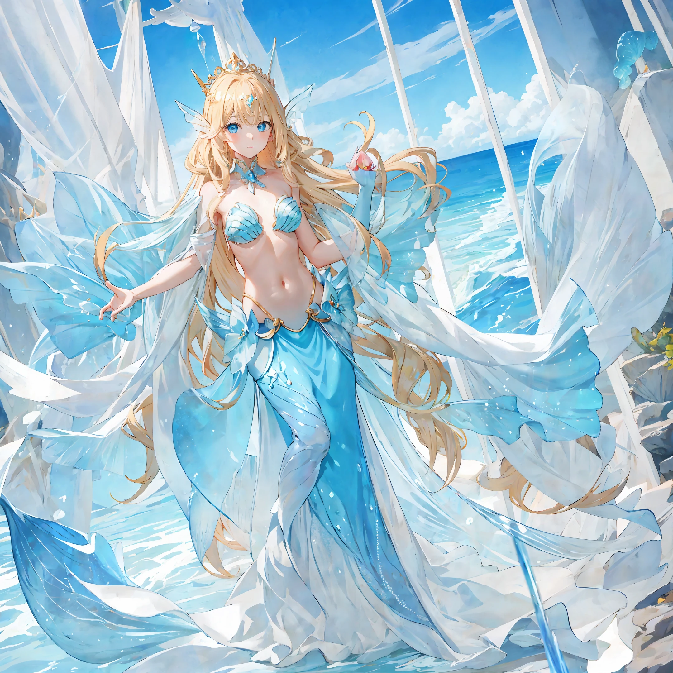 Long blonde hair, mermaid girl, anime, beach, coral gemstone crown, translucent blue harp, transparent powder blue jellyfish, blue fishtail skirt, blue eyes