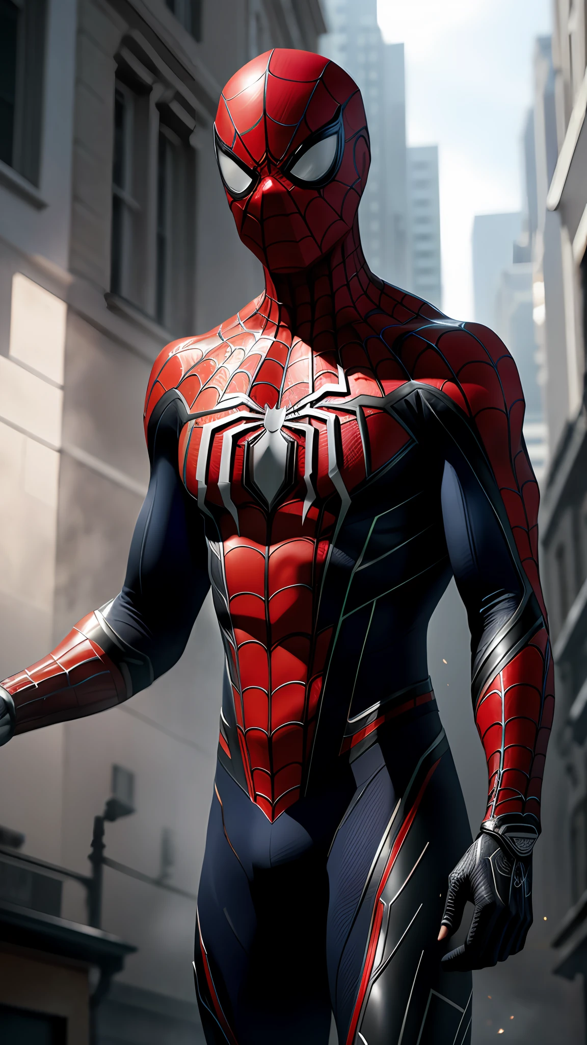 (8k, RAW photo, best quality, masterpiece: 1.2), ultra detailed, official art, photo-realistic: 1.37, spider man, black suit, spider in the center of your chest in white, organic looking clothing, gooey testura, symbiote, art, PS5 cinematic screenshot, highly detailed and detailed cinematic rendering, ultra photorealistic raytricing, with cinematic lightingaction pose