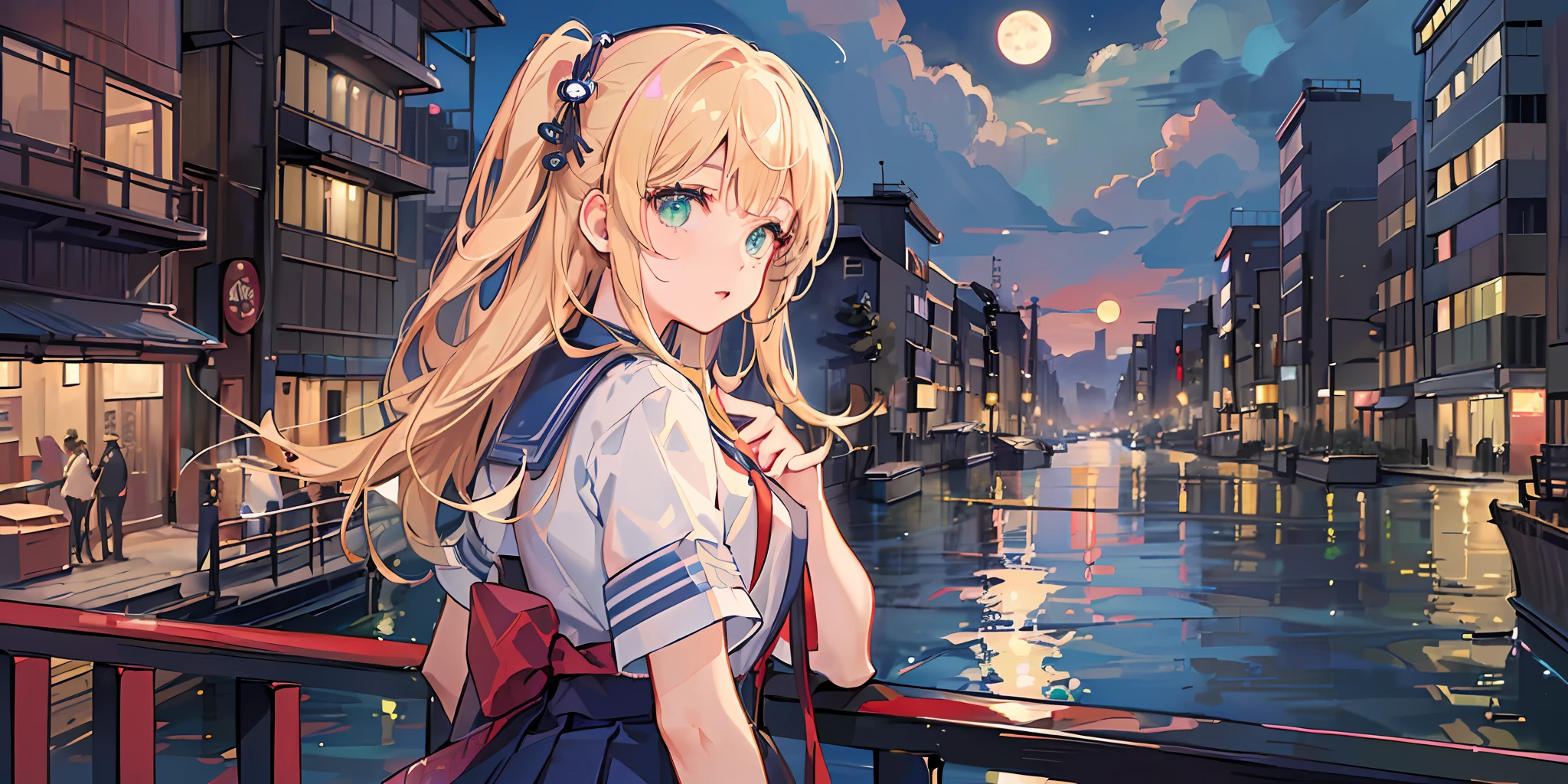 (((masterpiece: 1.5, best quality, high resolution: 1.3, super resolution, super detailed, ultra detailed:1.3, rich background:1.2))), 1girl, solo, green eyes, blonde long hair tied with blue ribbon, blunt bangs, cute hairpin, school uniform, white serafuku, red sailor collar, short sleeves, blue pleated skirt, (outdoor), ((downtown)), (crowd), ((japan vibes: 1.3)), scenery, ((nighttime)), dark, (lowlight: 1.1), moon, (moonlight: 1.2), ((dynamic light: 1.4))