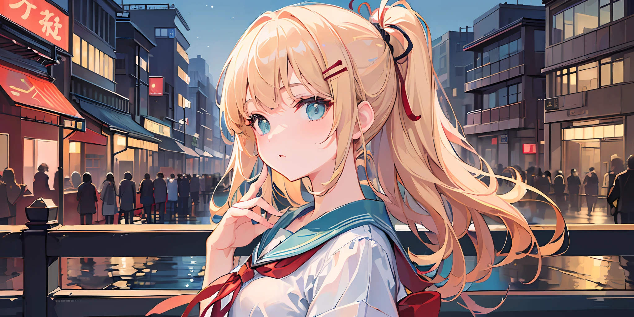 (((masterpiece: 1.5, best quality, high resolution: 1.3, super resolution, super detailed, ultra detailed:1.3, rich background:1.2))), 1girl, solo, green eyes, blonde long hair tied with blue ribbon, blunt bangs, cute hairpin, school uniform, white serafuku, red sailor collar, short sleeves, blue pleated skirt, (outdoor), ((downtown)), (crowd), ((japan vibes: 1.3)), scenery, ((nighttime)), dark, (lowlight: 1.1), moon, (moonlight: 1.2), ((dynamic light: 1.4))