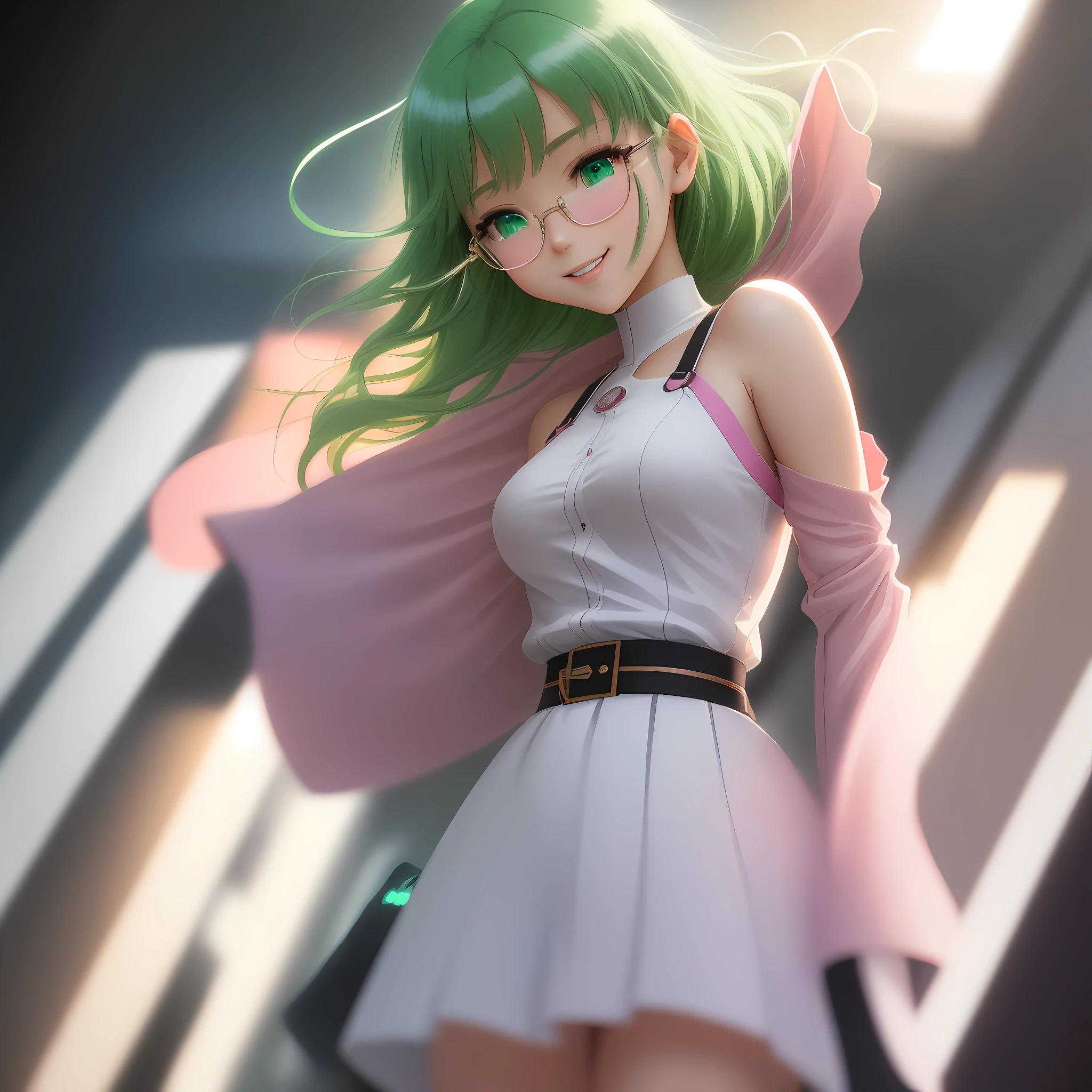 flat vector art, woman, 1 girl, beautiful anime style woman, flat color, wide angle, clean detailed faces, intracate clothing, analogous colors, glowing shadows, beautiful gradient, clean image, high definition, Luminous Studio graphics engine, cute face, slim waist, nice hips, green hair, pink hair, sunglasses, sparkling eyes, happy tears, nervous smile, depth of field, high detail, anime, Romanticism, Hyperrealism, Suprematism, backlighting, Fujicolor, framed, cowboy shot, vanishing point, wide shot, Wide-Angle, Ultra-Wide Angle, Eye-Level Shot, f/16, high quality, retina, masterpiece, ccurate, anatomically correct, super detail, high details, high quality, highres