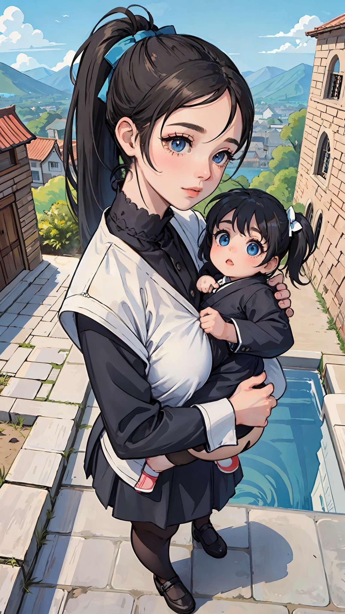 1girl, 1baby, Carrying the , thick lines, prominent silhouette, (village background), (((double ponytail))), full body, ancient architecture, blue sky, sunny day, wooden architecture, high quality, prominent protagonist, big eyes, beautiful detailed eyes, looking at the audience, long eyelashes