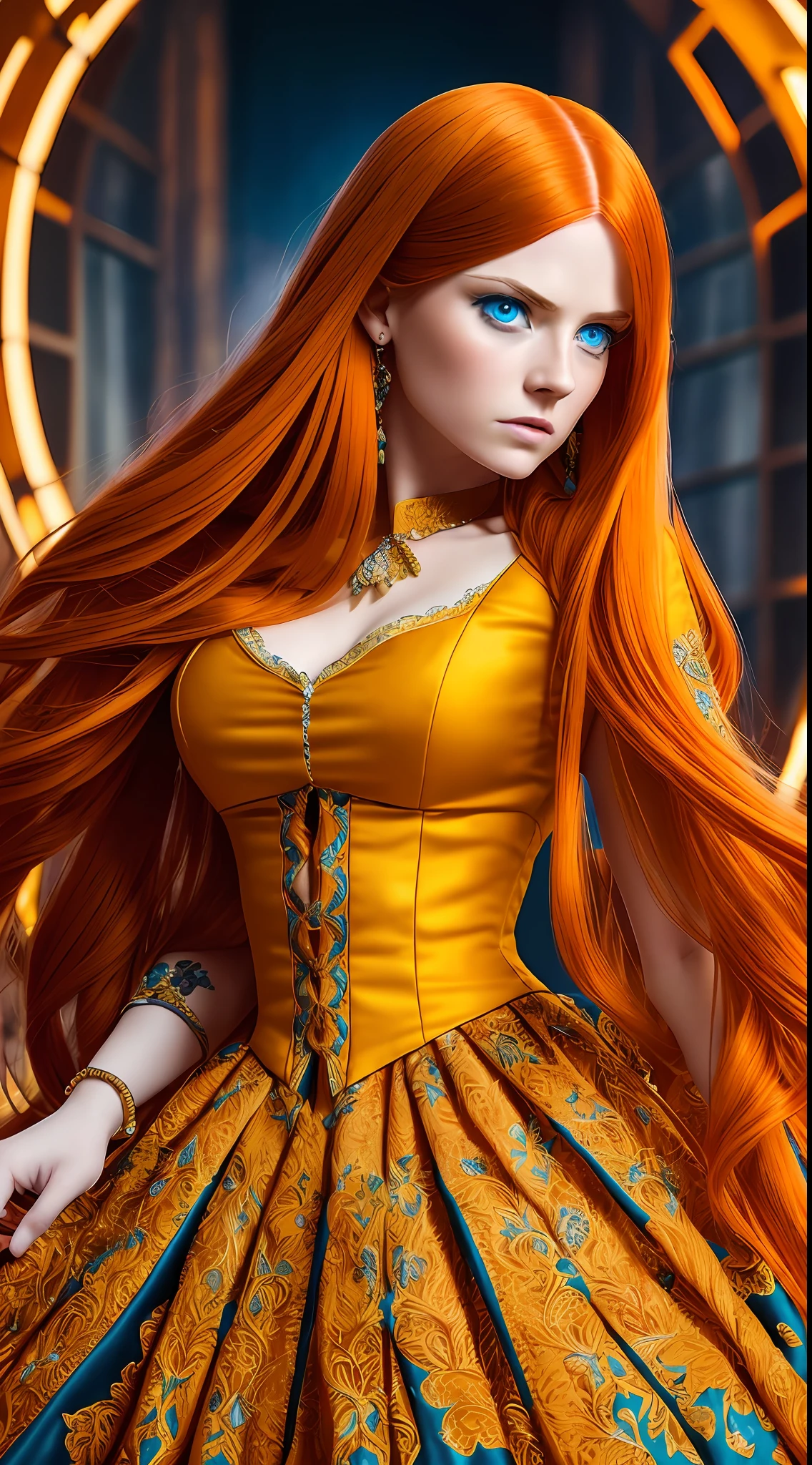 A grown woman with party clothes, yellow and orange tones, intricate details, long red hair, intense blue eyes, highly detailed, movie picture