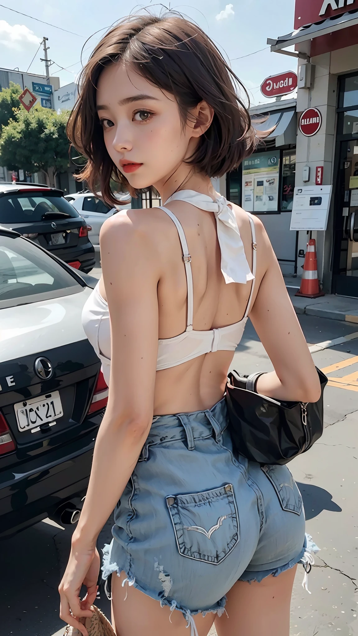 Beautiful woman on her back looking back, short clothes