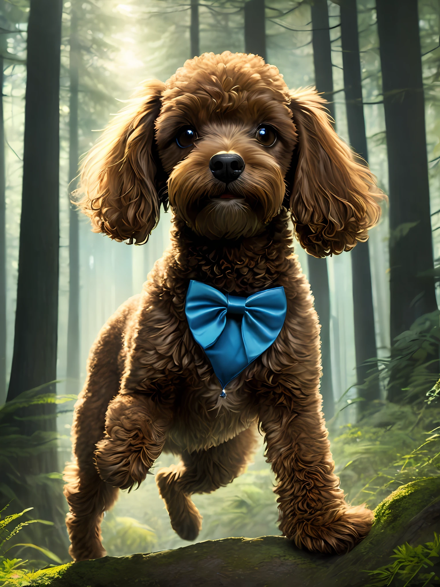 In the forest, Lele is a small brown poodle with blue bow tie jumping, the close-up is very clear, the soft volumetric light brings a thick sense to the whole picture, and the back light makes the picture clearer, feeling like a blockbuster movie, very artistic. (ArtStation weighted by 1.3, Rutkowski)