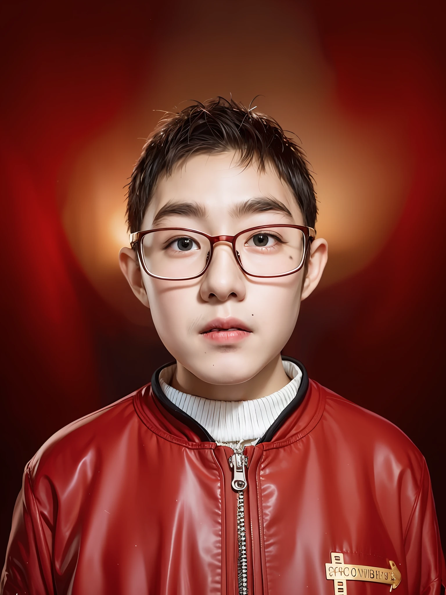 Alafard boy with glasses and red jacket with a cross on it,