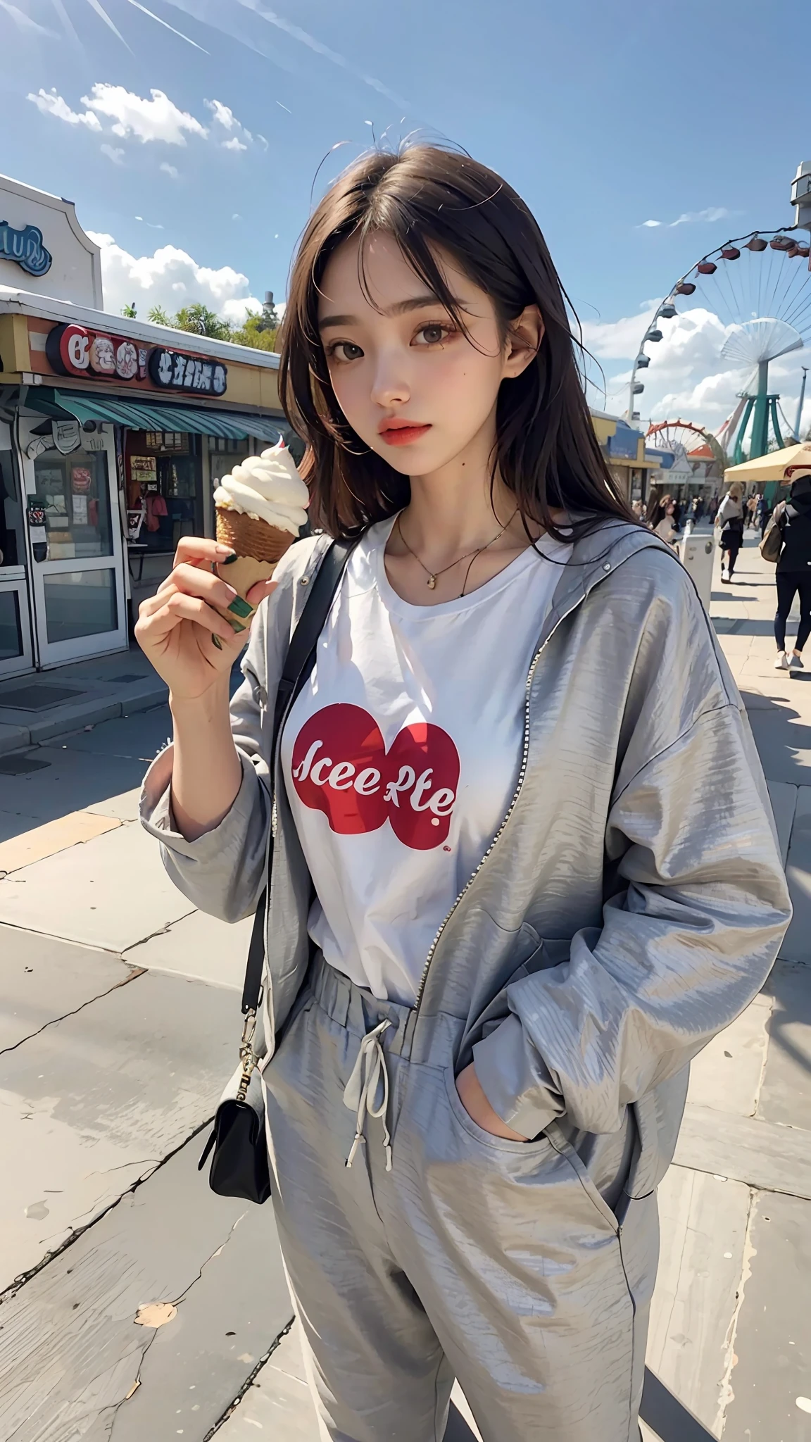 Beautiful woman having an ice cream, baggy clothes, amusement park