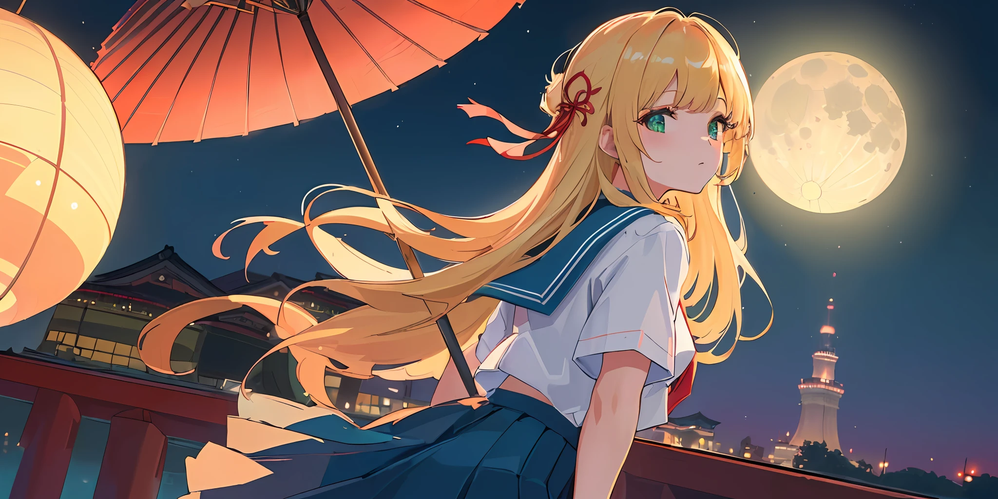 (((masterpiece: 1.5, best quality, high resolution: 1.3, super resolution, super detailed, ultra detailed:1.3, rich background:1.2))), 1girl, solo, green eyes, blonde long hair tied with blue ribbon, blunt bangs, cute hairpin, school uniform, white serafuku, red sailor collar, short sleeves, blue pleated skirt, (outdoor), ((downtown)), (crowd), ((japan vibes: 1.3)), scenery, ((nighttime)), dark, (lowlight: 1.1), moon, (moonlight: 1.2), ((dynamic light: 1.4))