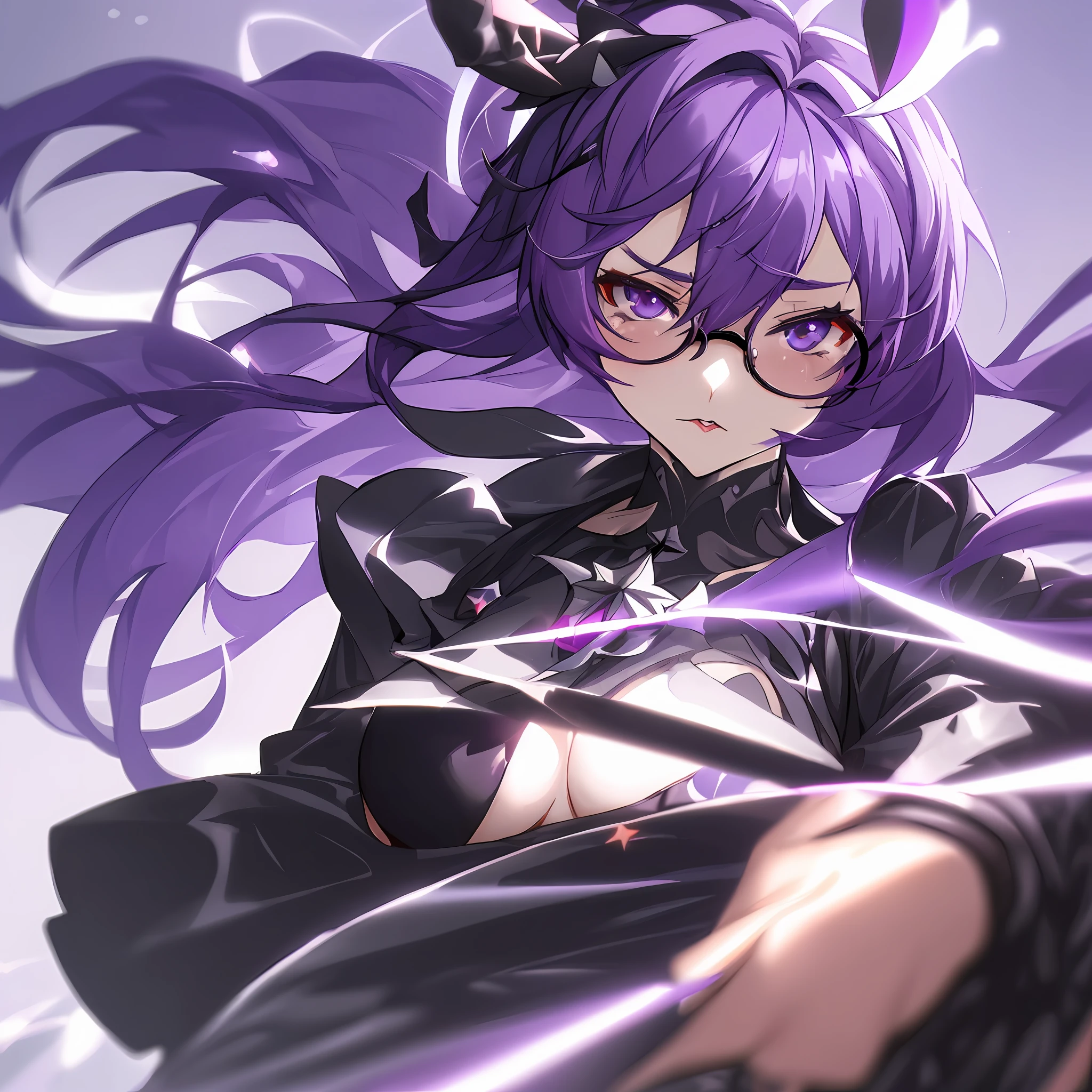 ((Kafka from Honkai Star Rail)), purple hair, mommy vibes, big breasts, dynamic pose, intimidating, detailed face, detailed hair, with black glasses on her hair