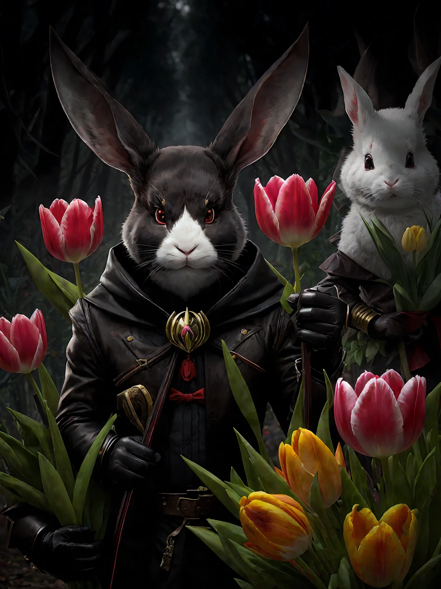 rabbitman , evil demon , bow , eyes focus, ears, mus ,Tulips, cles, jungle