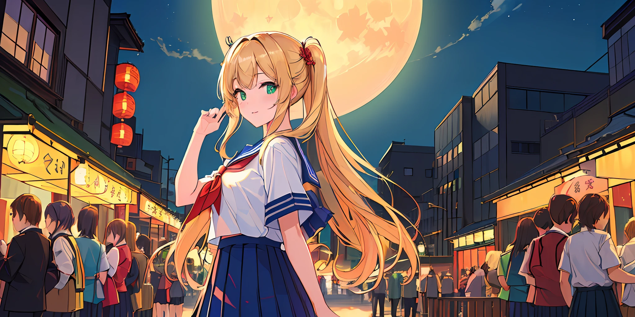 (((masterpiece: 1.5, best quality, high resolution: 1.3, super resolution, super detailed, ultra detailed:1.3, rich background:1.2))), 1girl, solo, green eyes, blonde long hair tied with blue ribbon, blunt bangs, cute hairpin, school uniform, white serafuku, red sailor collar, short sleeves, blue pleated skirt, (outdoor), ((downtown)), (crowd), ((japan vibes: 1.3)), scenery, ((nighttime)), dark, (lowlight: 1.1), moon, (moonlight: 1.2), ((dynamic light: 1.4))