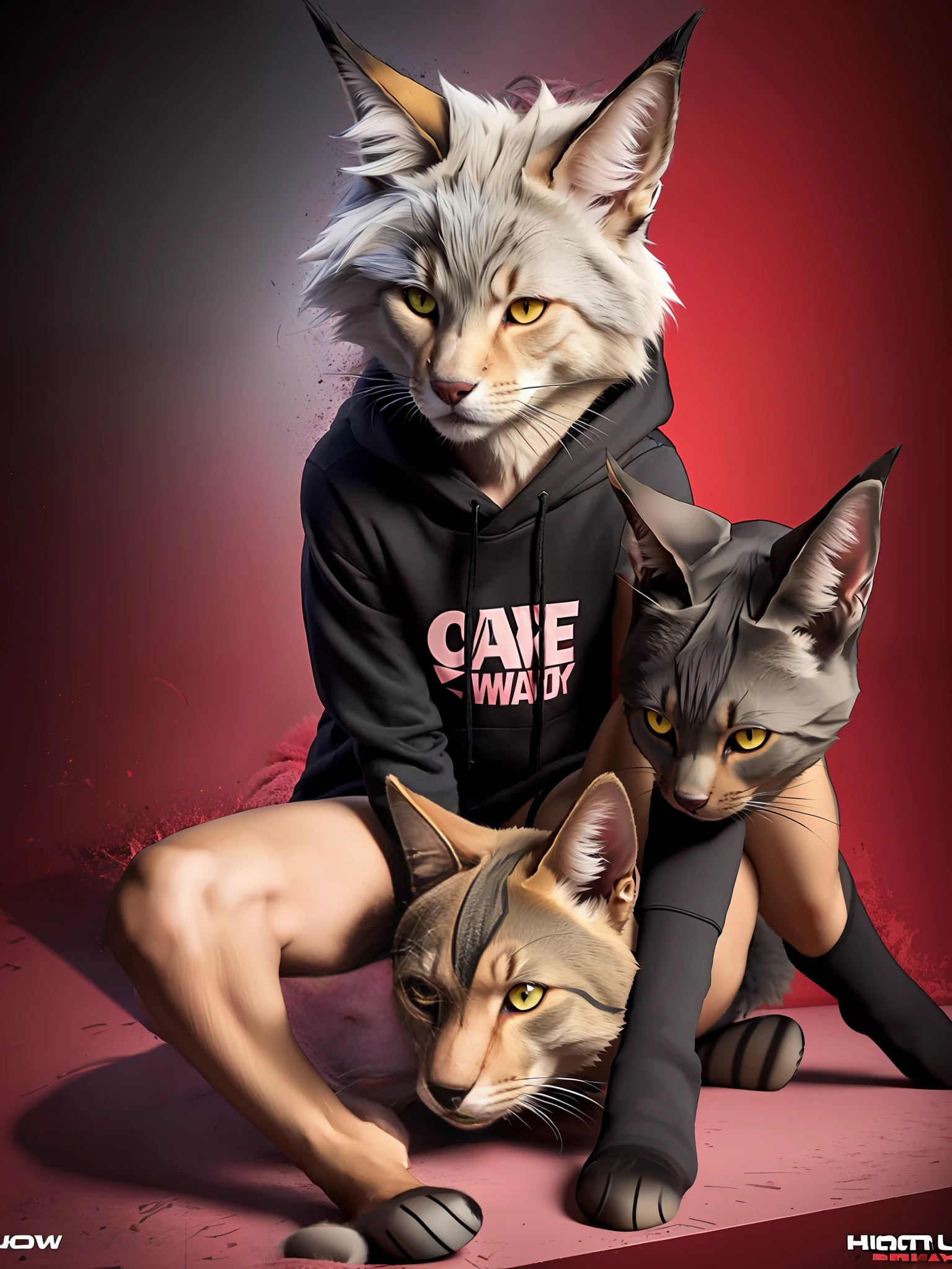 cat-boy, toned, sharp big wolf ears, wolf tail, big black messy hair, extremely vibrant red eyes, HD, masterpiece, vibrant, thong, slim dark black hoodie, full body view, neutral face, black thigh socks, combat boots.