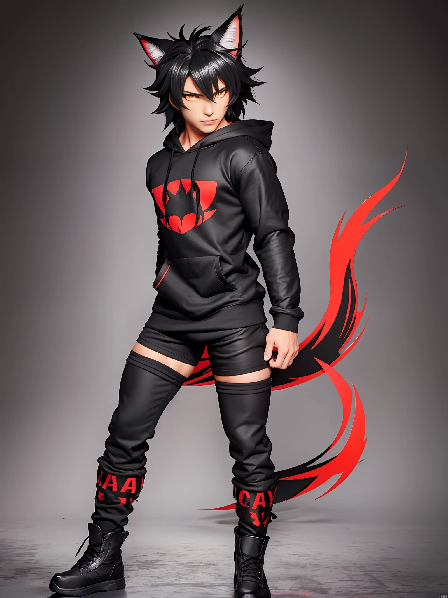 cat-boy, toned, sharp big wolf ears, wolf tail, big black messy hair, extremely vibrant red eyes, HD, masterpiece, vibrant, thong, slim dark black hoodie, full body view, neutral face, black thigh socks, combat boots.
