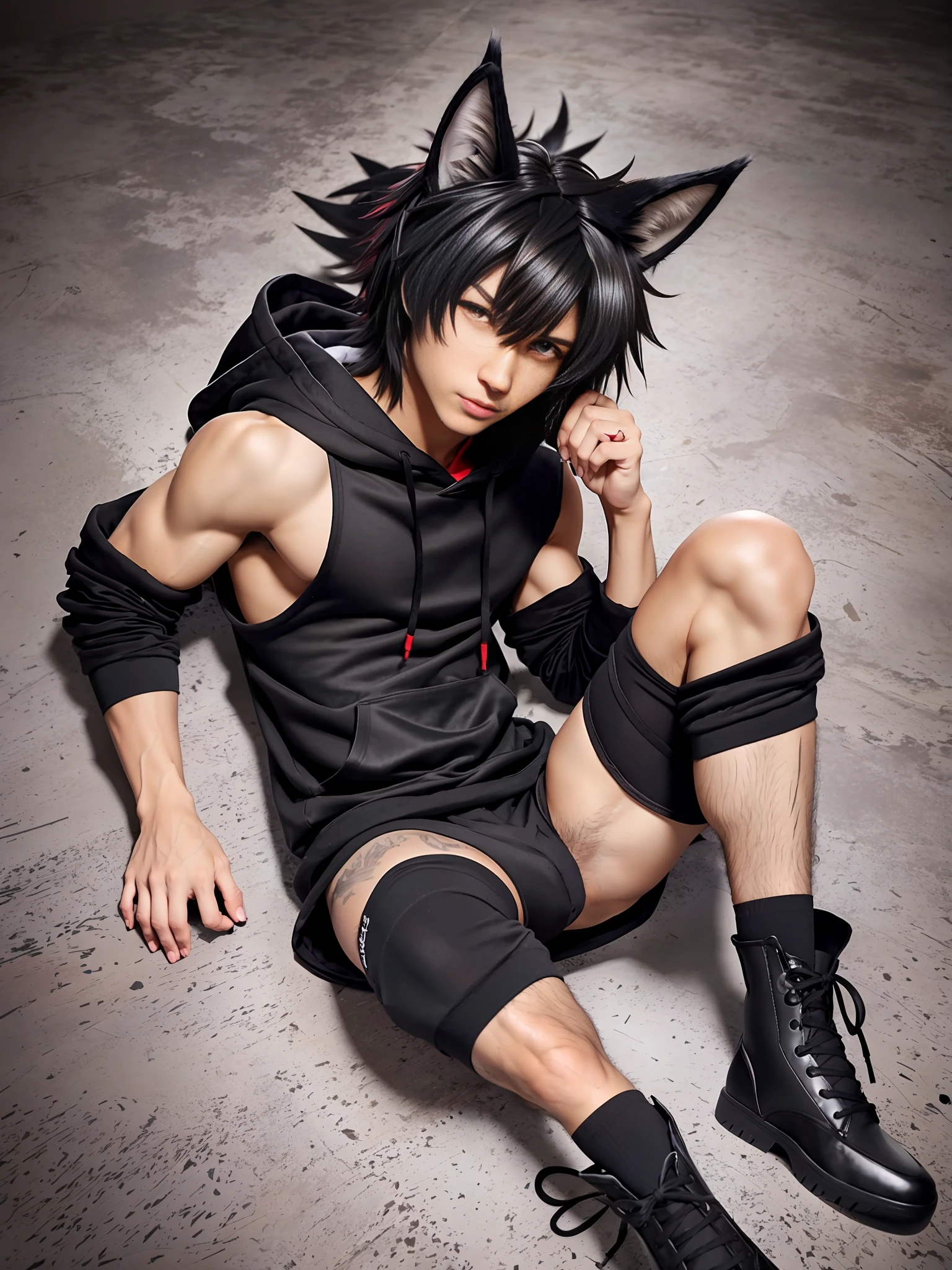 cat-boy, toned, sharp big wolf ears, wolf tail, big black messy hair, extremely vibrant red eyes, HD, masterpiece, vibrant, thong, slim dark black hoodie, full body view, neutral face, black thigh socks, combat boots.