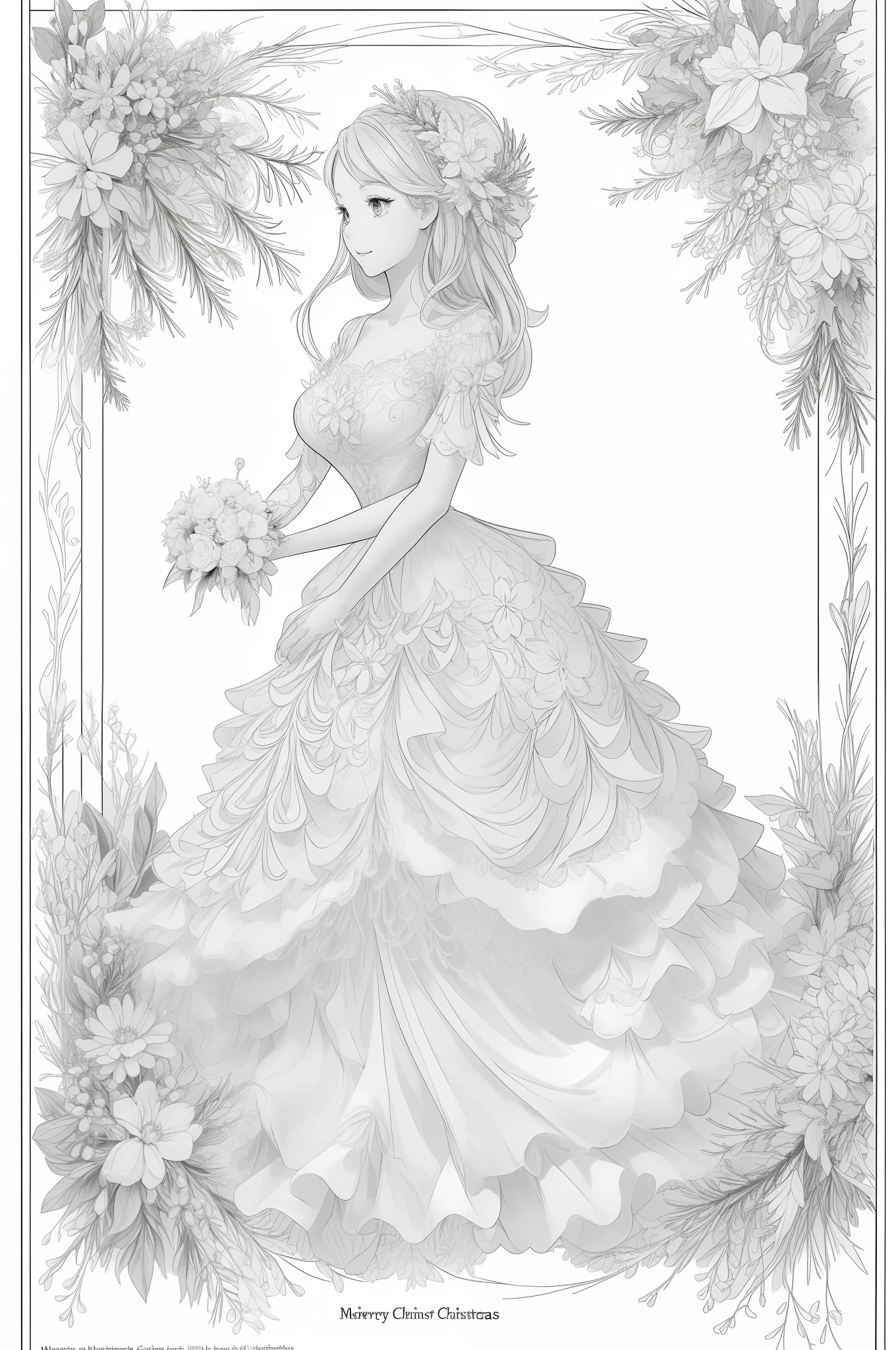 Elegant christmas gifts, masterpiece, best quality, lineart, monochrome, white background, black and white, coloring book for children, on paper, full page, free lines, art line high detailed, to print, perfect anatomy, ((white background)), flowers., ((2d, 2d)), cartoon Style