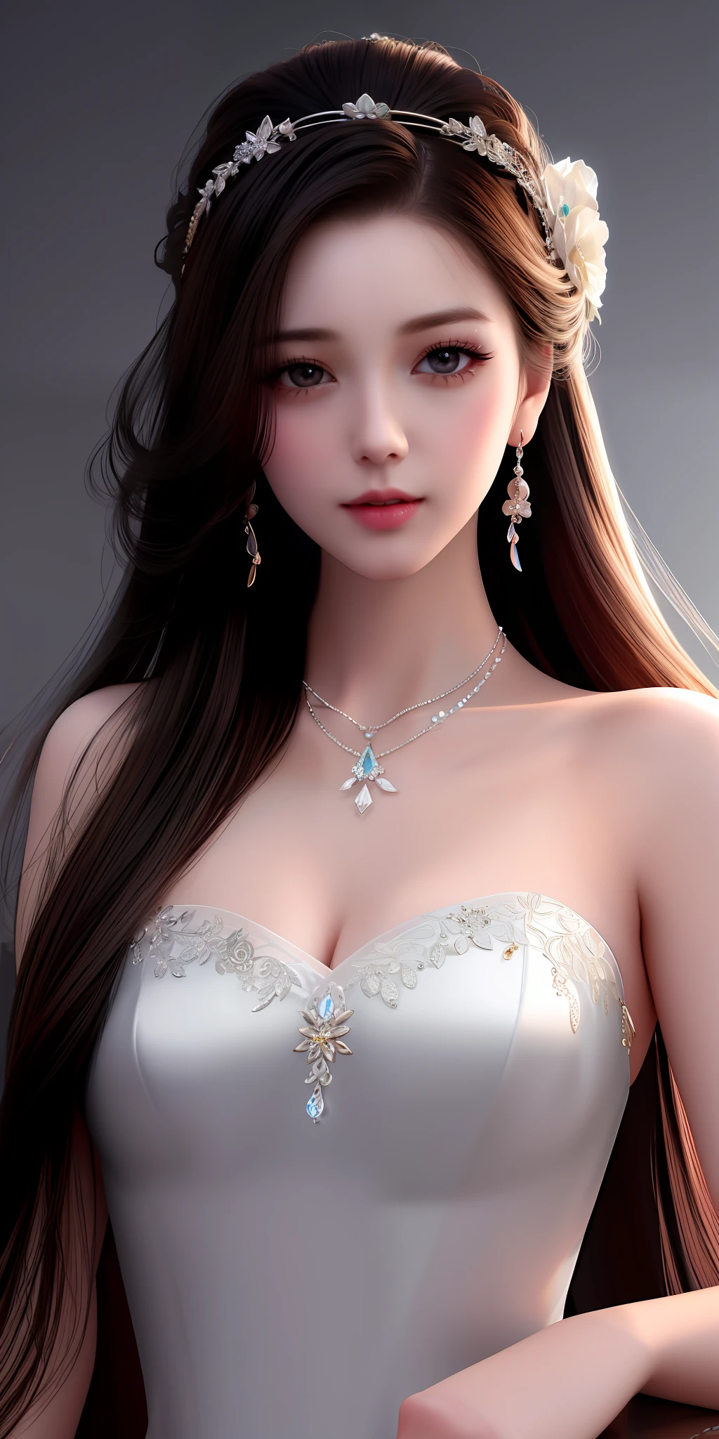Best Quality, Masterpiece, High Resolution, 1girl, Clear Silk Porcelain Dress, Pretty Face, Hair Accessories, Look at the Audience, Smile, Close Mouth, Lips, Dress, Hair Accessories, Necklaces, Jewelry, Long Hair, Earrings, Beautiful Face, Body, Tindal Effect, Realism, Shadow Studio, Edge Lighting, Two-Color Lighting, (High Detail Skin: 1.2), 8k UHD, DSLR, Soft Light, High Quality, Volume Lighting, Photo, High Resolution 4K, 8k, Blurred Background