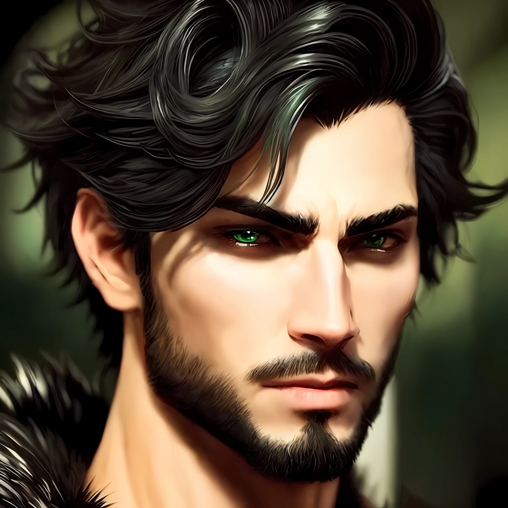 Mighty vampire with a muscular build, exuding an air of royal elegance as he sits at his desk. His piercing emerald green eyes and jet black short hair further add to his captivating charm.