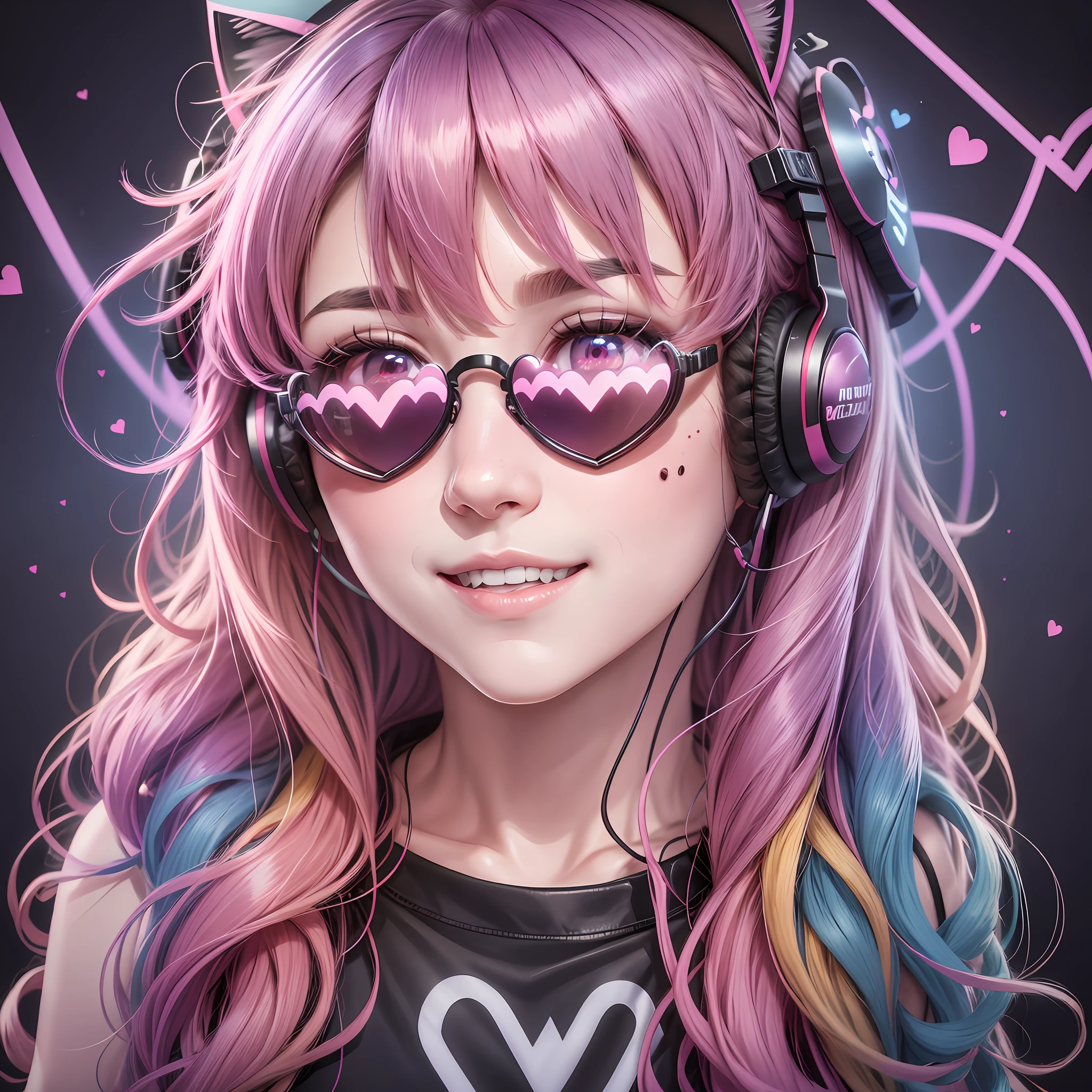 multicolored hair, drill hair, crossed bangs, heart-shaped eyewear, goggles on headwear, mole under eye, heart-shaped pupils, cat ear headphones, blush, smiley, Realism, god rays, stereogram, move chart, close-up, f/1.2, UHD, 8k