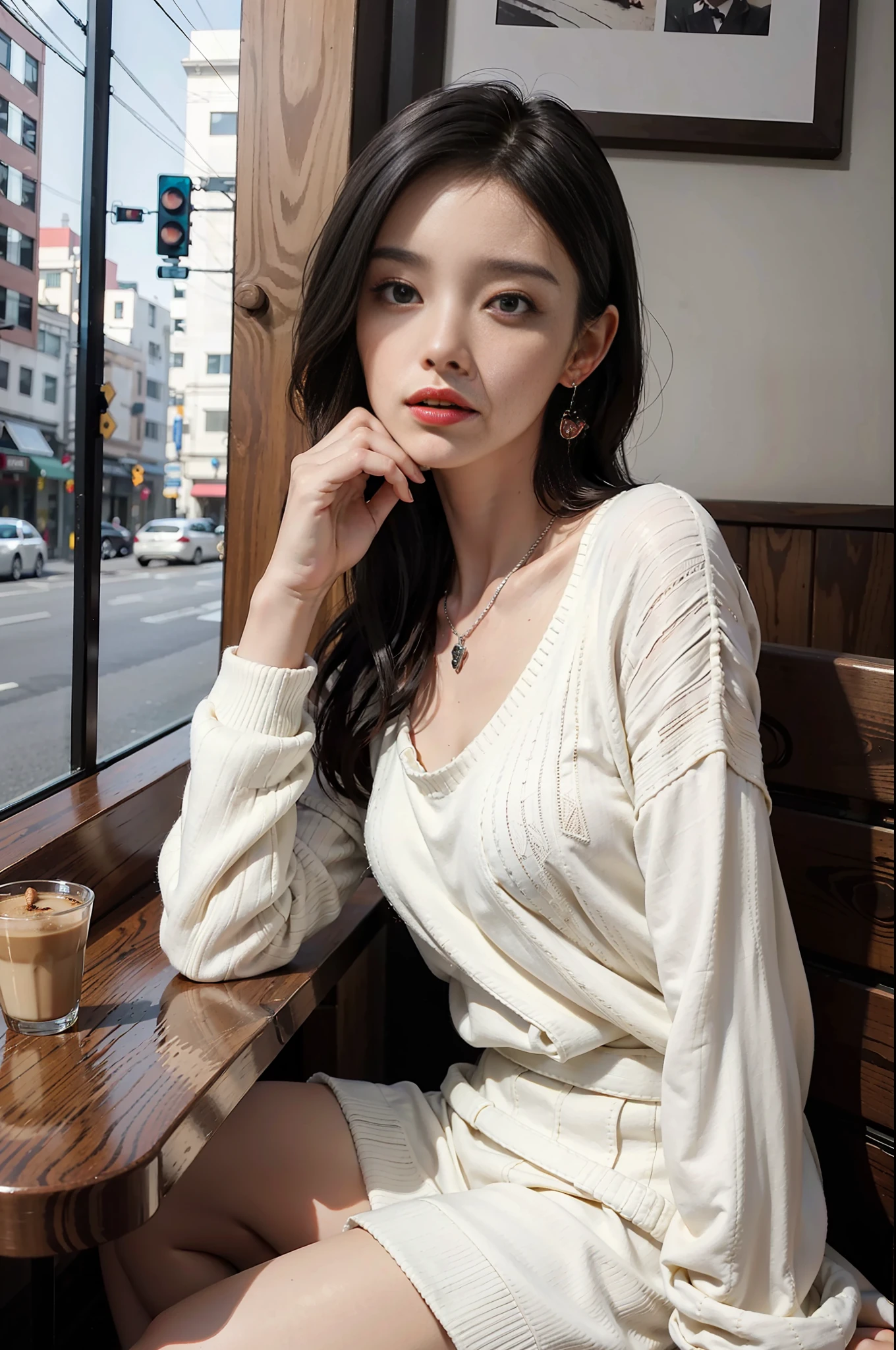 Best quality, full body portrait, delicate face, 27 year old woman, slim figure, small bust, delicate necklace, delicate earrings, white sweater, loose black trousers, coffee shop, sitting on the side of the road, drinking coffee