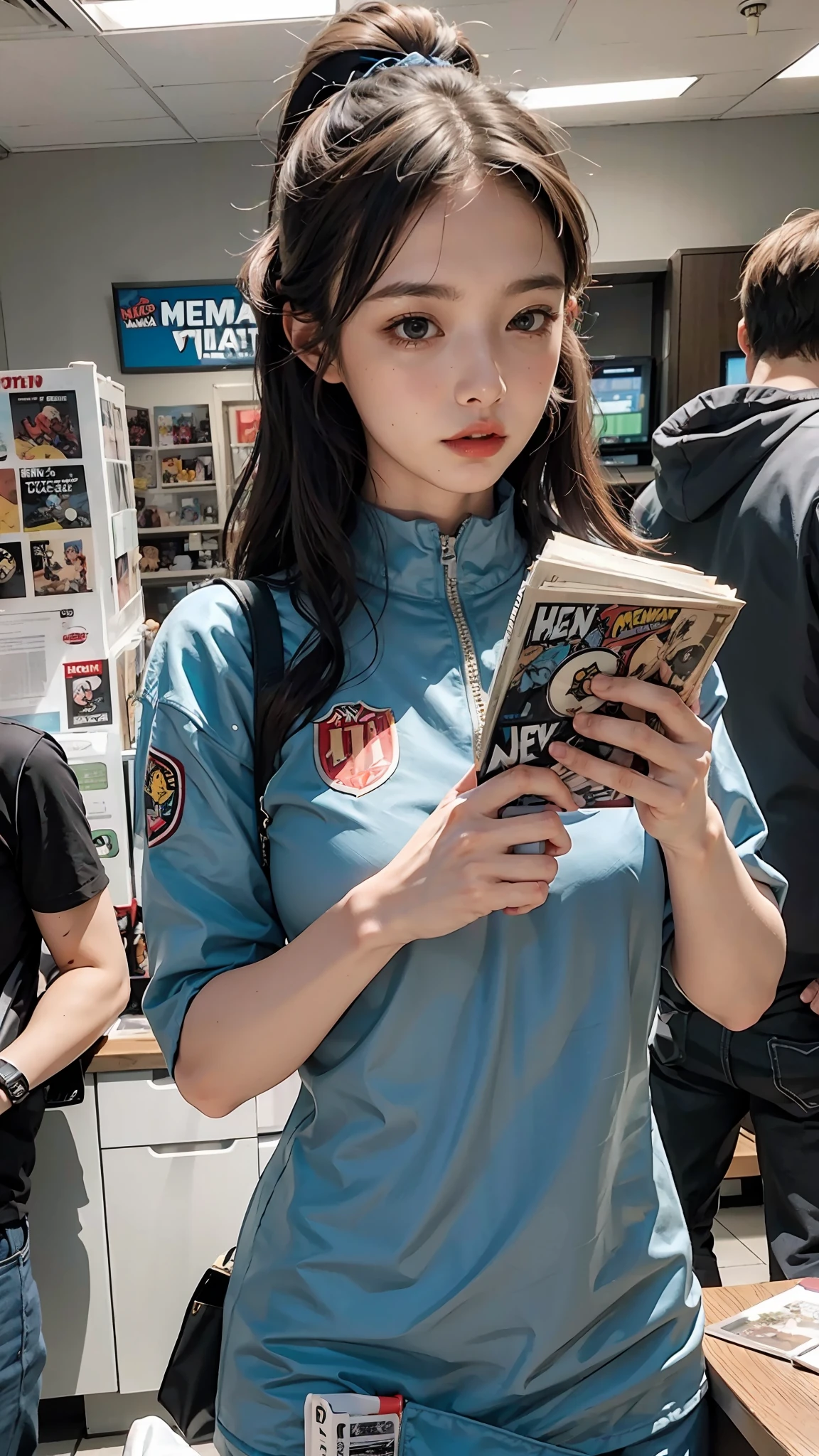 Woman reading comics, wearing hero outfit