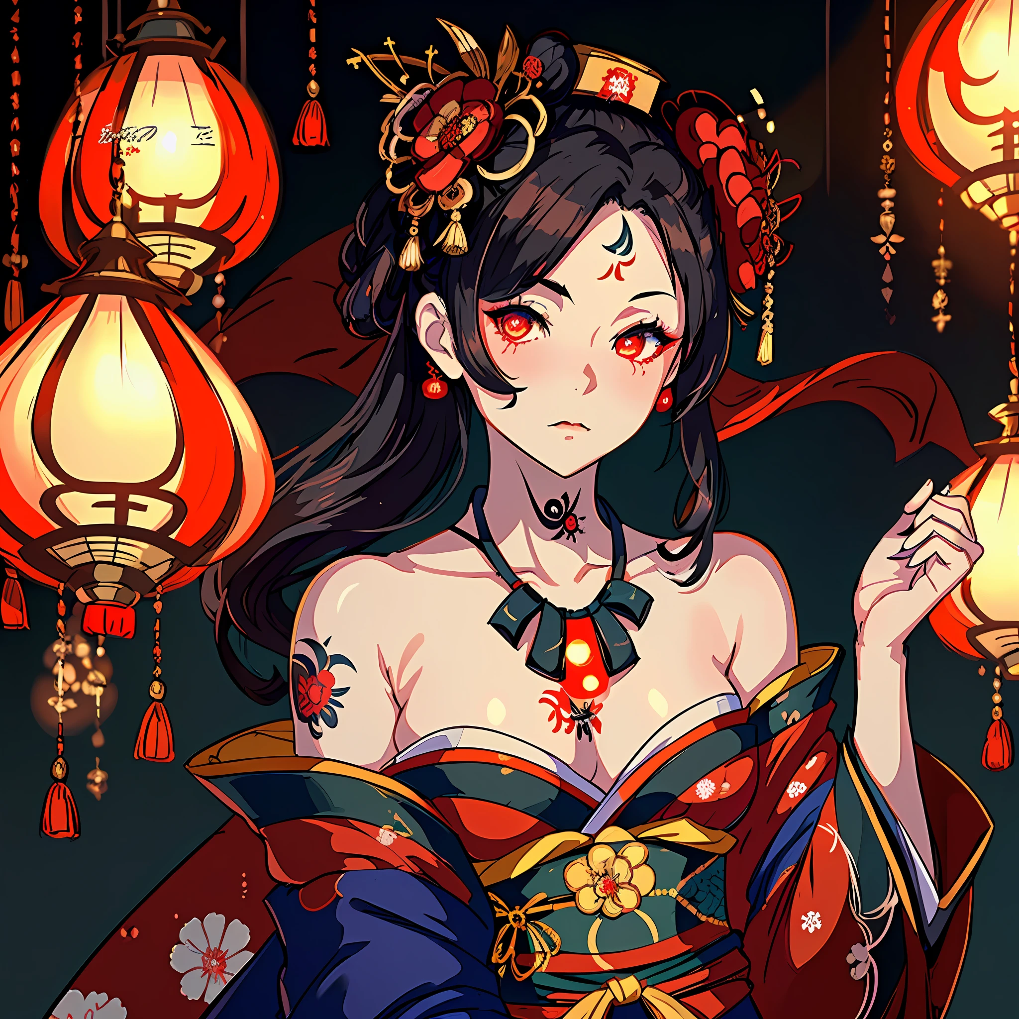 (masterpiece:1,2), best quality, masterpiece, high resolution, original, extremely detailed wallpaper, perfect lighting, geisha, kimono, bare shoulders, , tattoo, extreme detail, solo, cold eye, head up, glowing eyes, byobu,