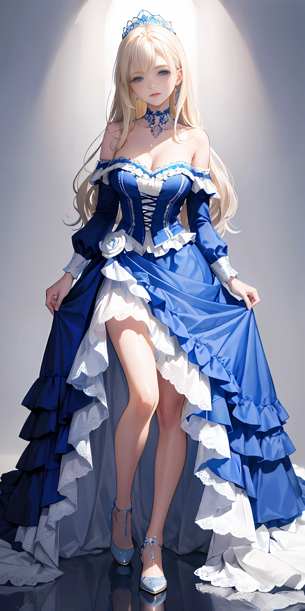 [blue:aqua:0.65] theme, masterpiece, masterpiece of a girl, detailed visual art, blue eyes, light blonde hair, long hair, collarbone, royal princess, elegant, gorgeous quinceanera dress, detailed layered skirt, [detailed frills: 0.1], [frilled dress: 0.1], embroidery, [detail princess dress: 0.1], off-the-shoulder, big breasts, open crotch, thigh slit, garter, groin, [NSFW|uncensored], ( Simple background: 1.1), low wing, full body