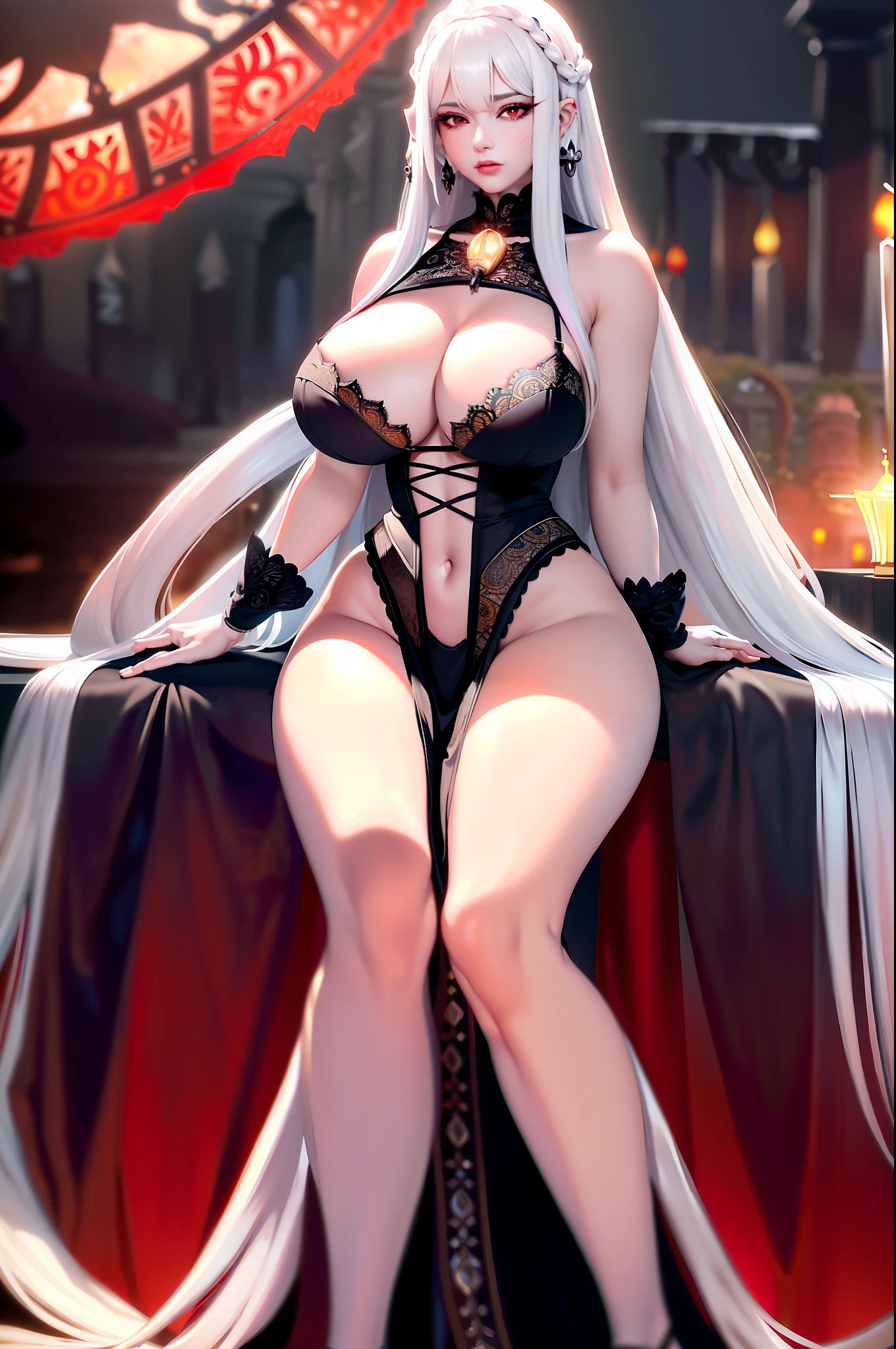 ultra realistic 8k cg, masterpiece, ((ultra detailed background, delicate pattern, intricate detail)), sitting, formal, serious, (displeased:1.5, anrgy, upset, head tilt, glowing red eye), queen, goddess, divine, cursed, dark fantasy, (hair over one eye), (((malevolent shrine, dark water, night, red moon))), absurdly long hair, very long hair, white hair, looking at viewer, huge breasts, nsfw, breasts out, lace, lace trim, lace-trimmed legwear, sfw
