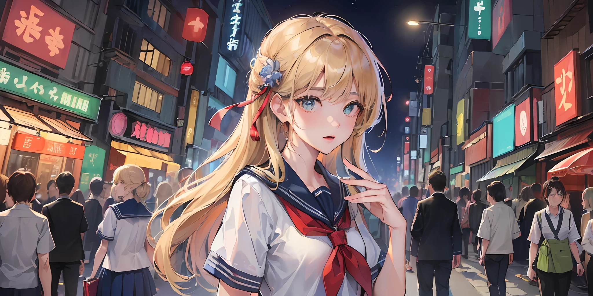 (((masterpiece: 1.5, best quality, high resolution: 1.3, super resolution, super detailed, ultra detailed:1.3, rich background:1.2))), 1girl, solo, green eyes, blonde long hair tied with blue ribbon, blunt bangs, cute hairpin, school uniform, white serafuku, red sailor collar, short sleeves, blue pleated skirt, (outdoor), ((downtown)), (crowd), ((japan vibes: 1.3)), scenery, ((nighttime)), dark, (lowlight: 1.1), moon, (moonlight: 1.2), ((dynamic light: 1.4))