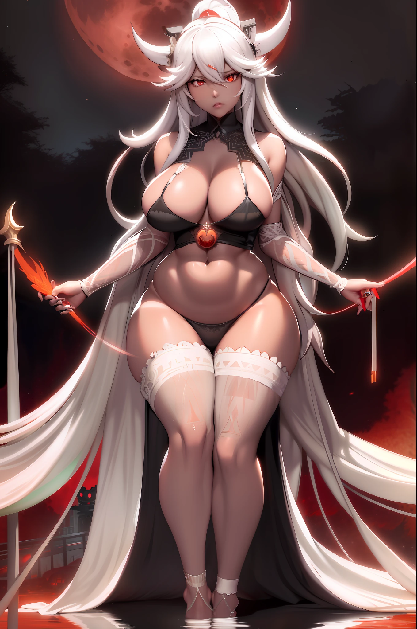ultra realistic 8k cg, tan skin Ramlethal from Guilty Gear, masterpiece, ((ultra detailed background, delicate pattern, intricate detail)), sitting, formal, serious, (displeased:1.5, anrgy, upset, head tilt, glowing red eye), queen, goddess, divine, cursed, dark fantasy, (hair over one eye), (((malevolent shrine, dark water, night, red moon))), absurdly long hair, very long hair, white hair, looking at viewer, huge breasts, nsfw, breasts out, lace, lace trim, lace-trimmed legwear, sfw, mostly nude, minimum coverage, string bikini armor