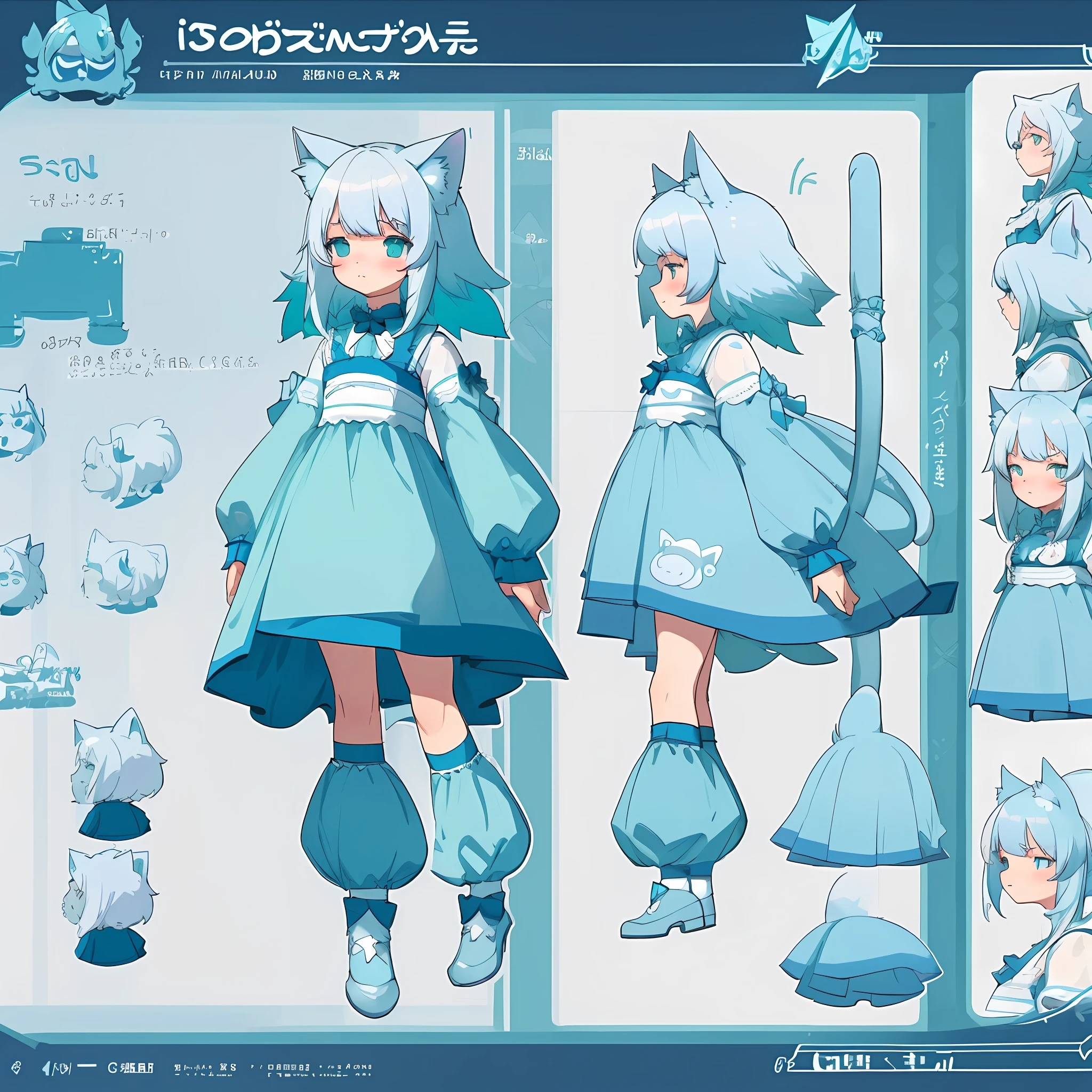 Reference sheet of a cute cat girl, white hair, cyan dress, with a tail, sad look, detailed face, detailed hair