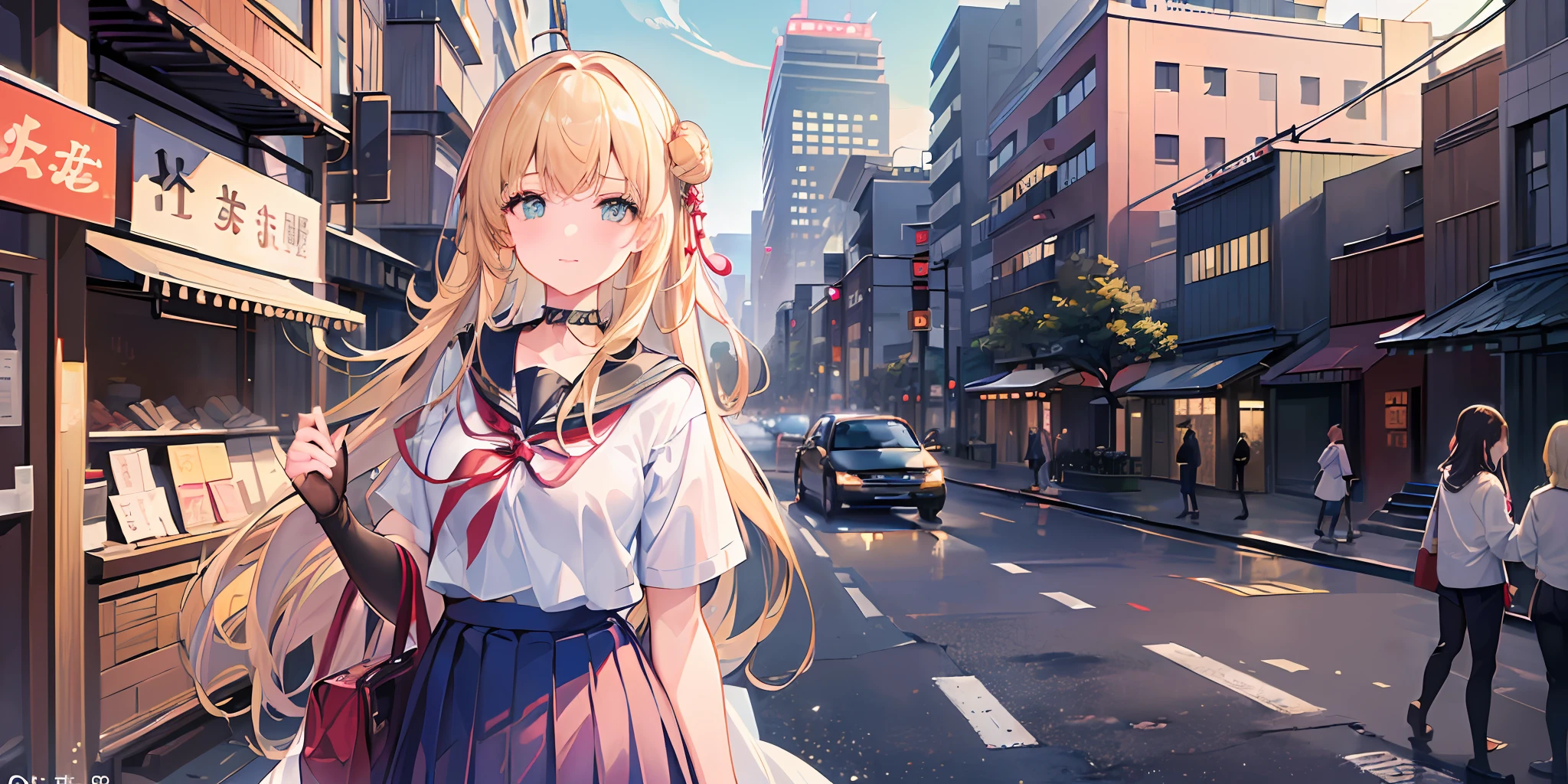 (((masterpiece: 1.5, best quality, high resolution: 1.3, super resolution, super detailed, ultra detailed:1.3, rich background:1.2))), 1girl, solo, green eyes, blonde long hair tied with blue ribbon, blunt bangs, cute hairpin, school uniform, white serafuku, red sailor collar, short sleeves, blue pleated skirt, (outdoor), ((downtown)), (crowd), ((japan vibes: 1.3)), scenery, ((nighttime)), dark, (lowlight: 1.1), moon, (moonlight: 1.2), ((dynamic light: 1.4))